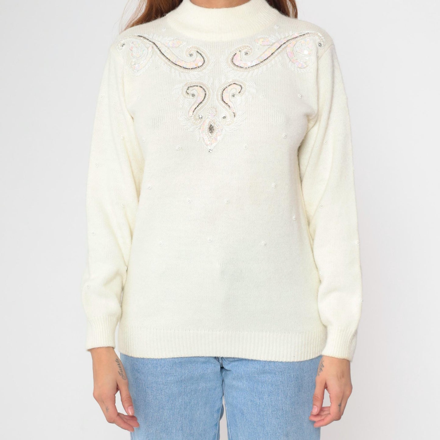90s Alfred Dunner Sequin Beaded Sweater Cream Geometric Mock Neck Medium