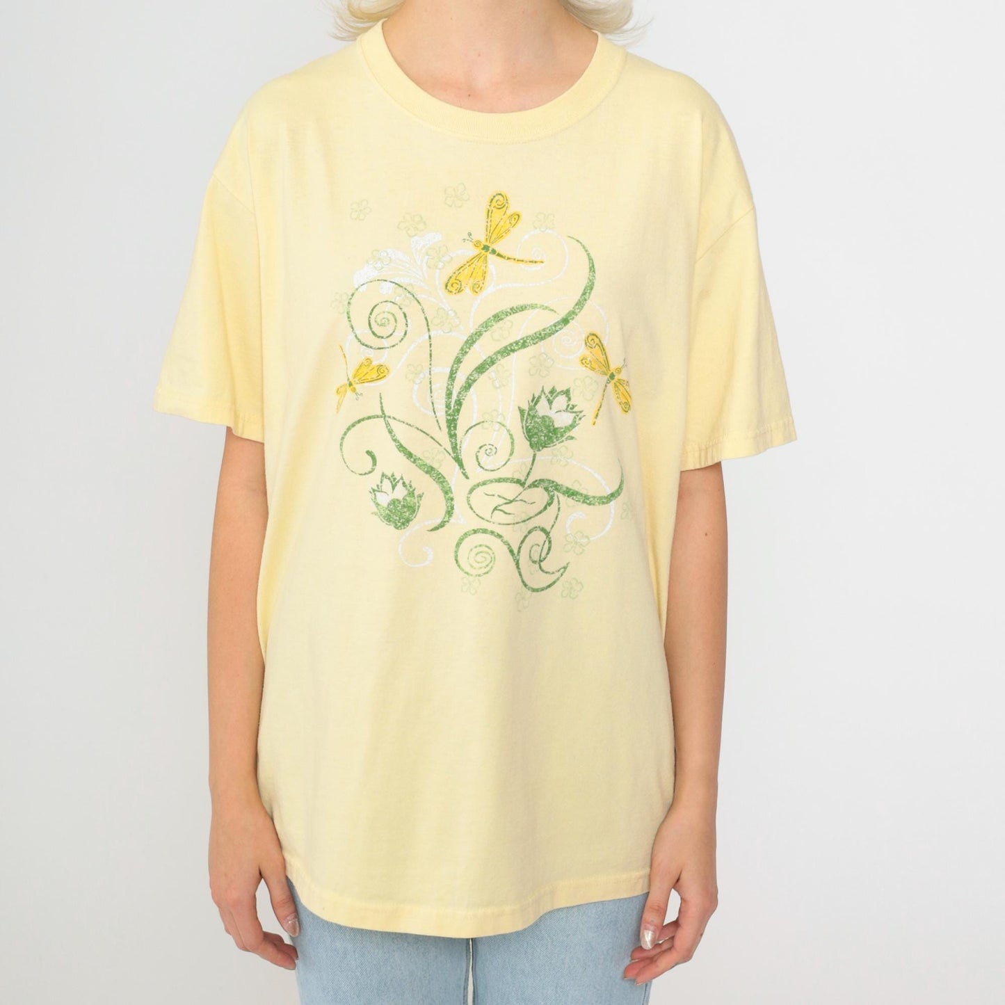Y2K Dragonfly Floral Graphic Tee Yellow Short Sleeve Crewneck Medium