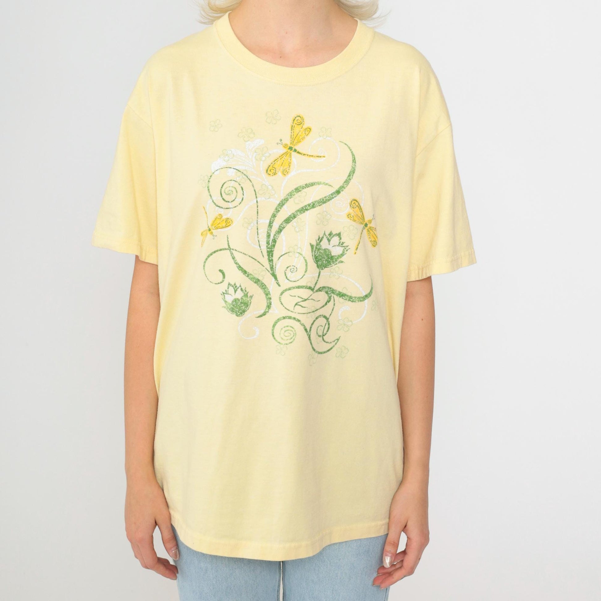 Y2K Dragonfly Floral Graphic Tee Yellow Short Sleeve Crewneck Medium