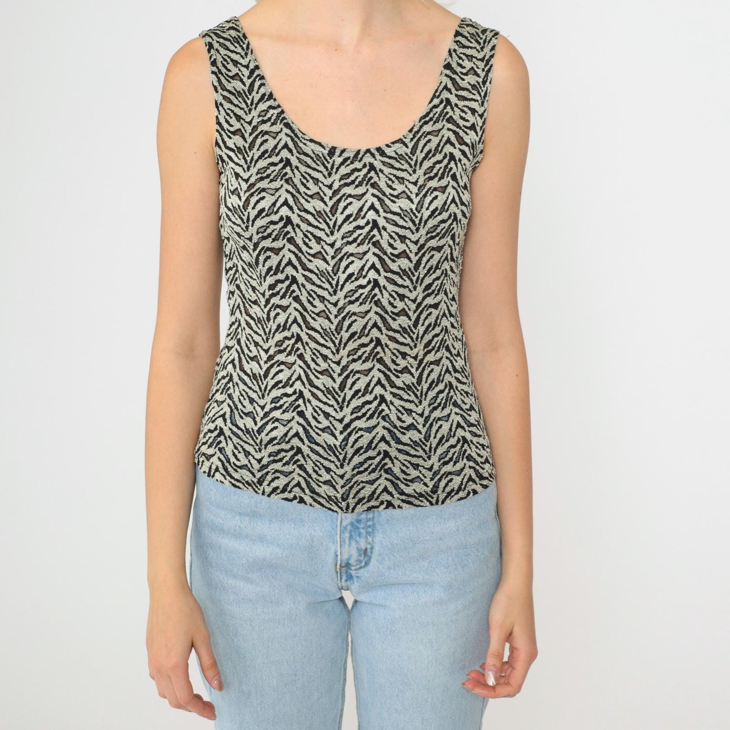 90s Zebra Stripe Tank Top Grey Sheer Mesh Scoop Neck Small Medium