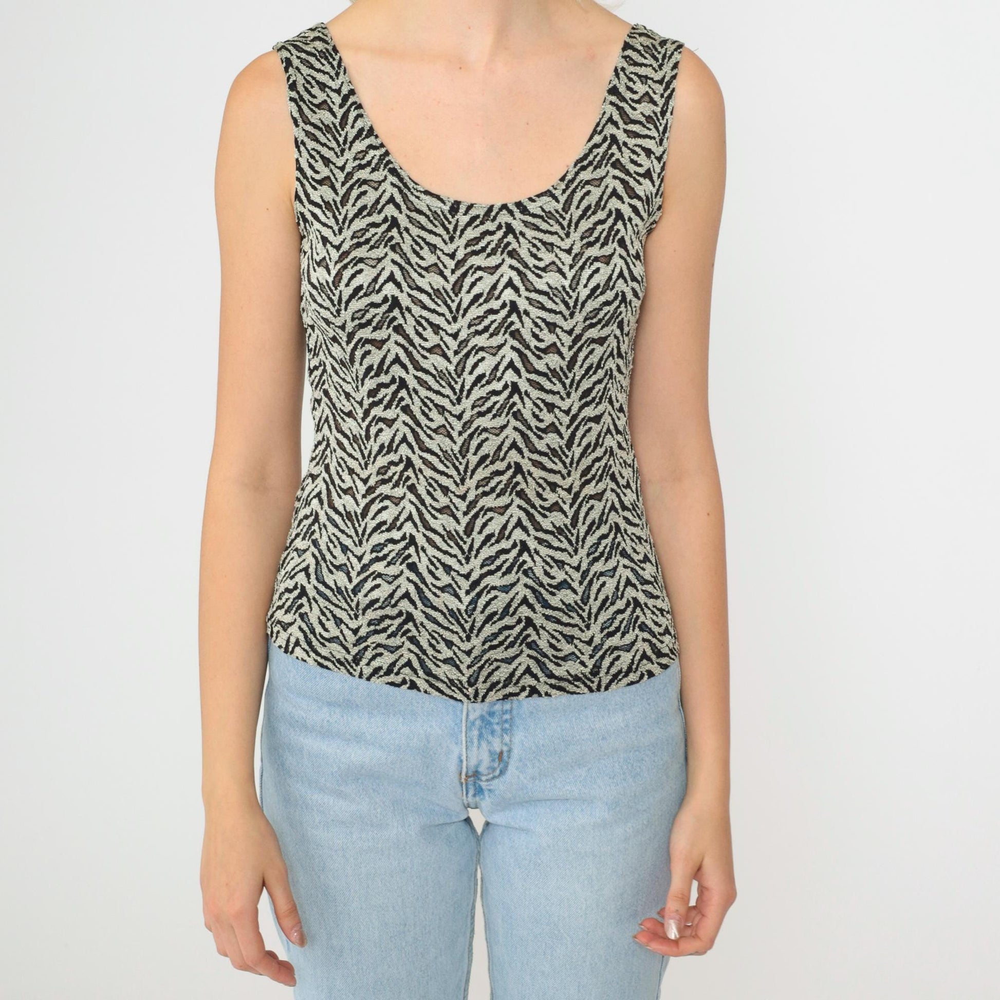 90s Zebra Stripe Tank Top Grey Sheer Mesh Scoop Neck Small Medium