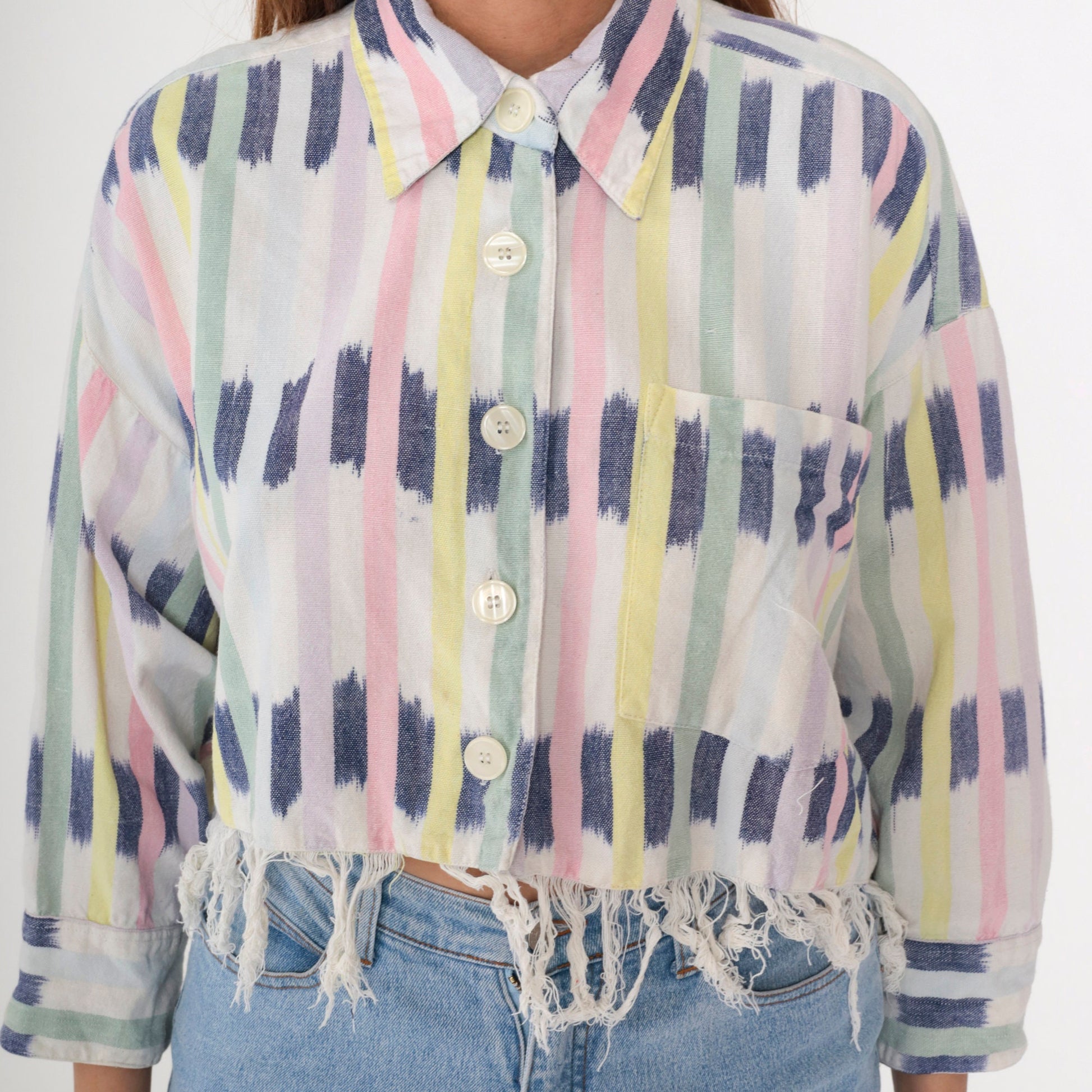 90s Ikat Striped Cotton Blouse Button-Up Long Sleeve Cropped White Small