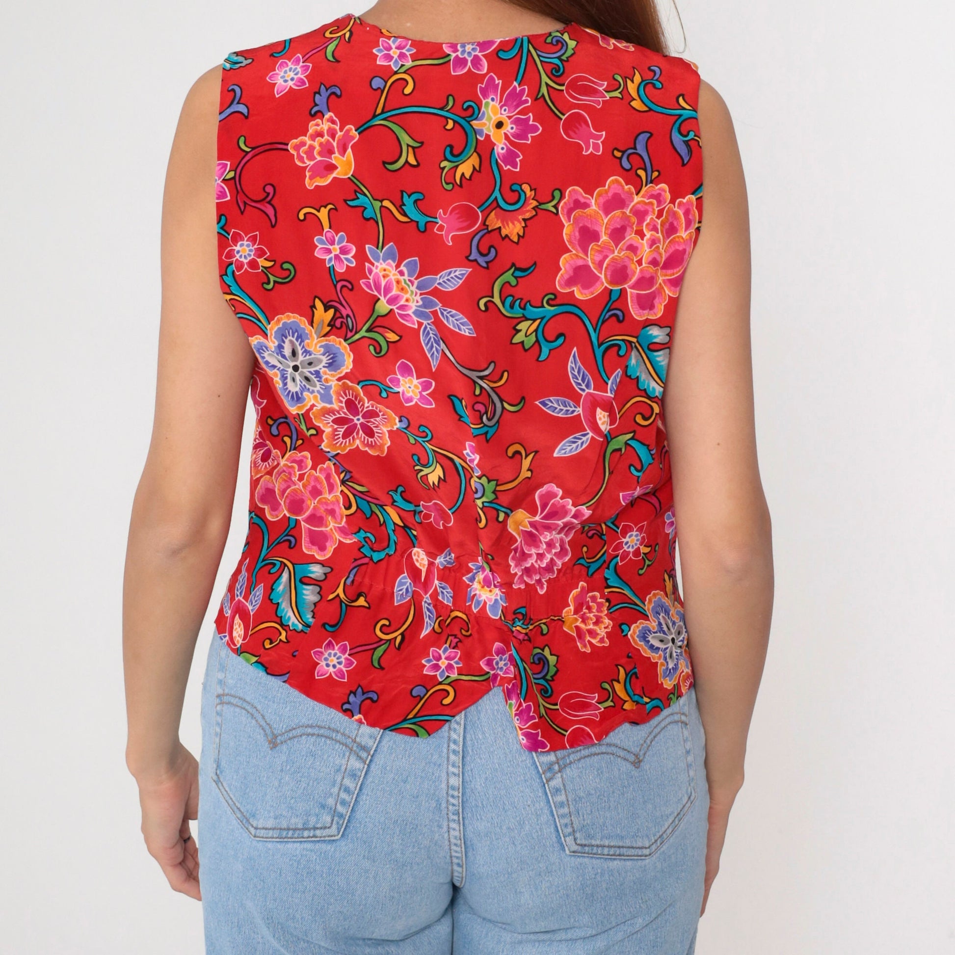 90s Casual Corner Silk Vest Red Floral Print Button Up V Neck Small