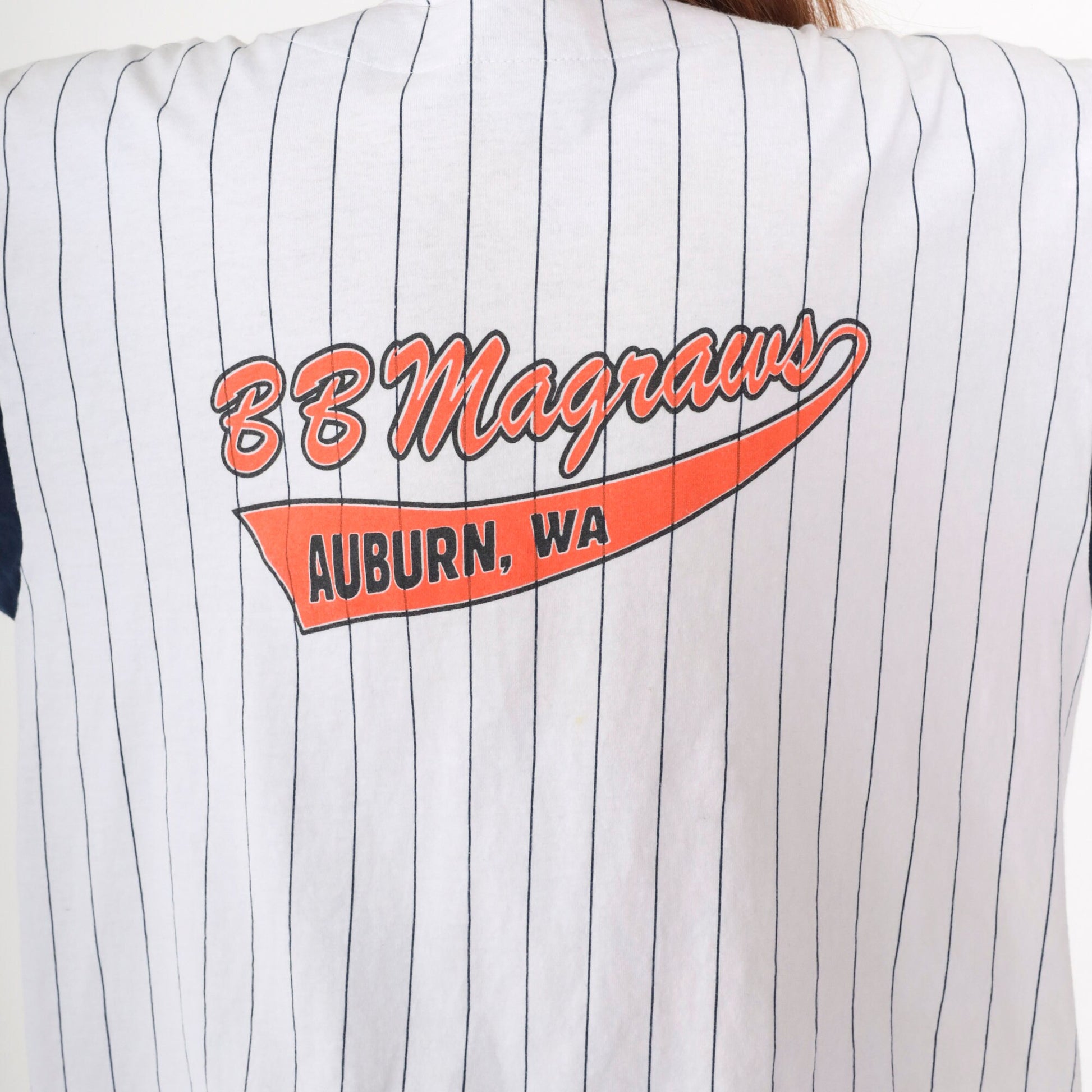 90s BB Magraws Auburn WA Baseball Shirt Navy Pinstripe Cotton Jersey Extra Large