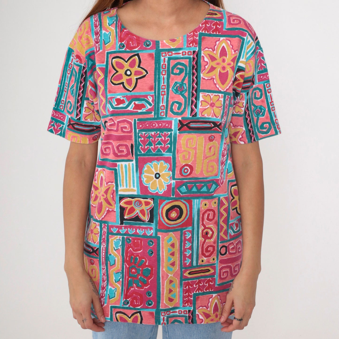 90s Geometric Floral T-Shirt Pink Teal Cotton Blend Medium