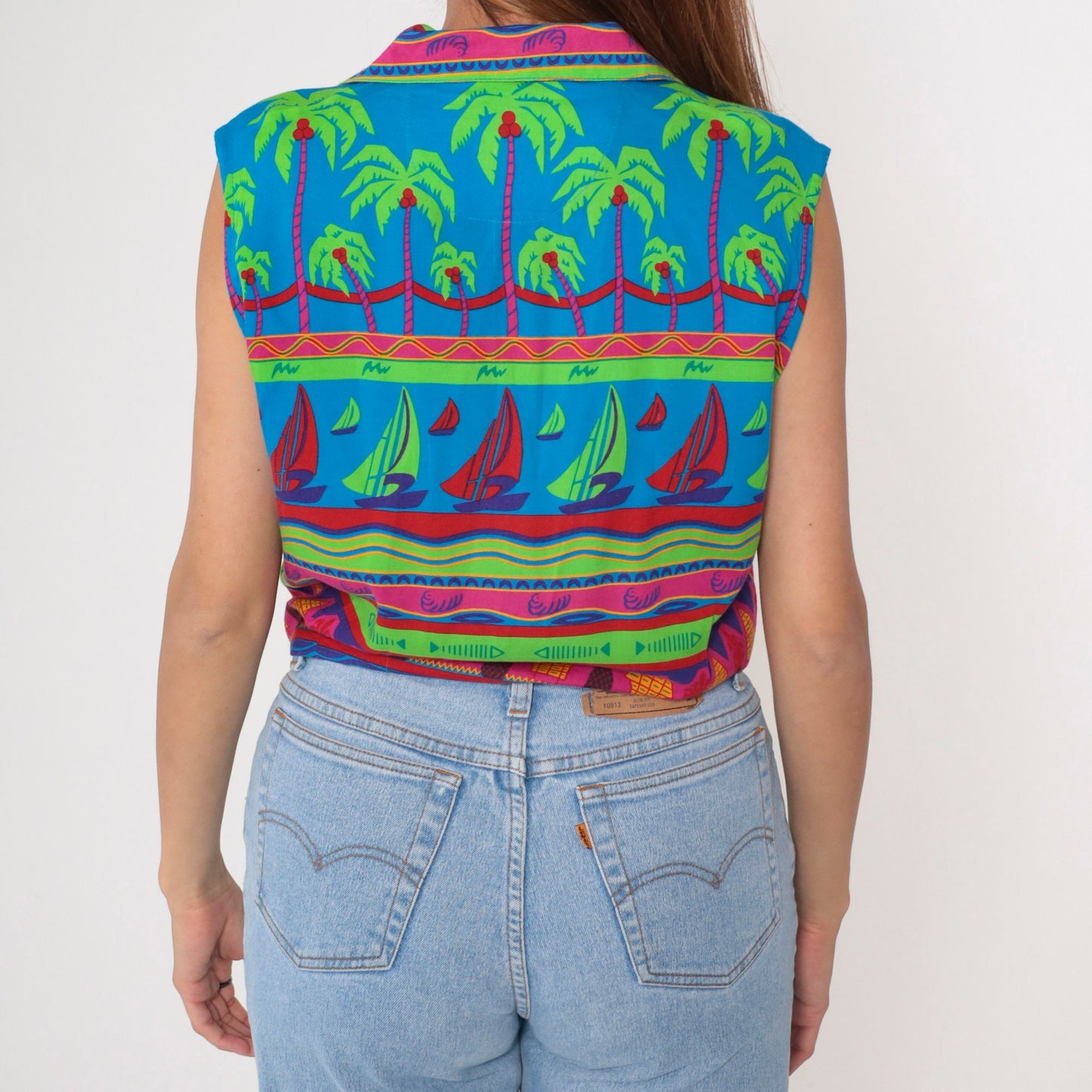90s Tropical Sequin Tie-Front Blouse Sailboat Beaded Sleeveless Small