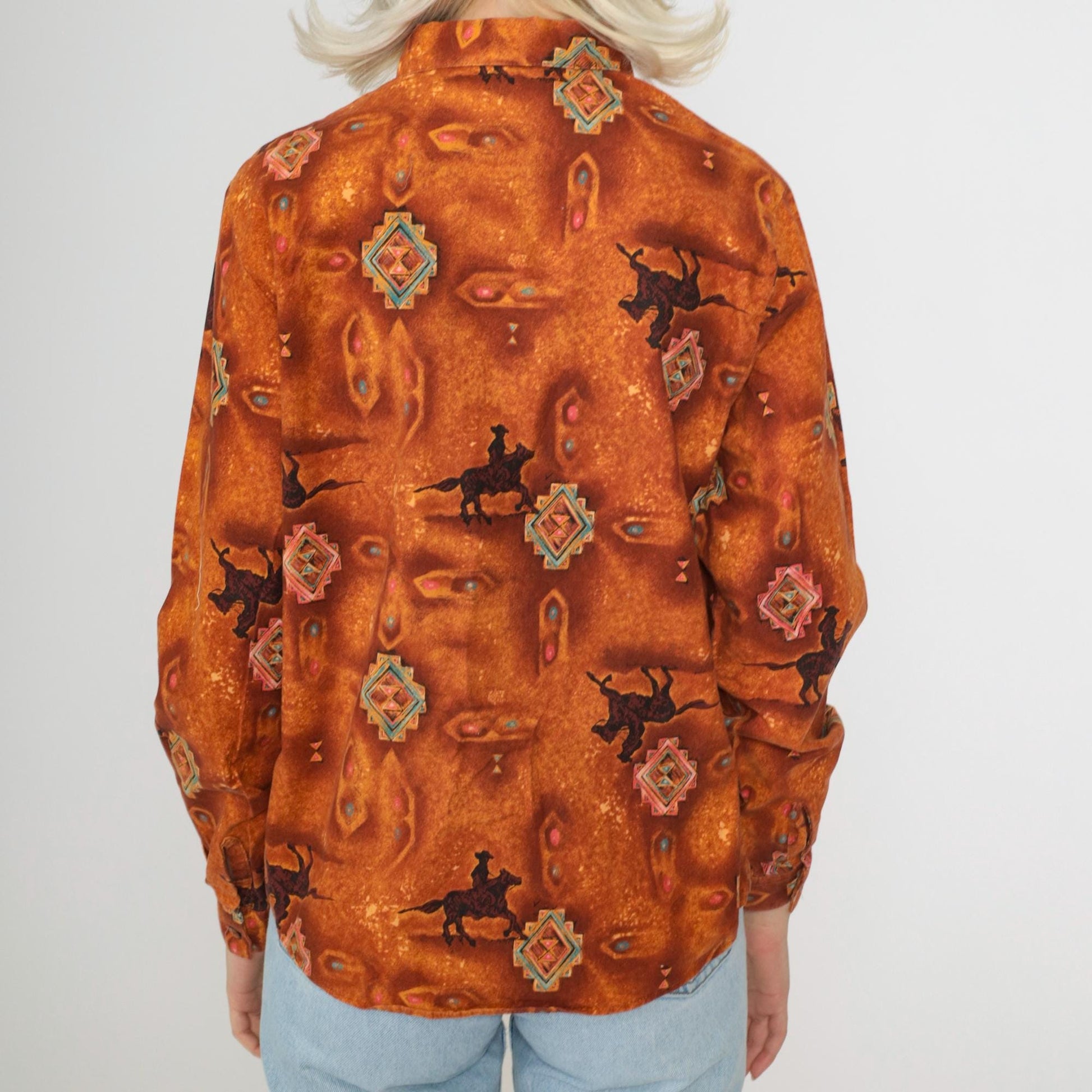 90s Panhandle Slim Western Cowboy Shirt Burnt Orange Horse Print Small