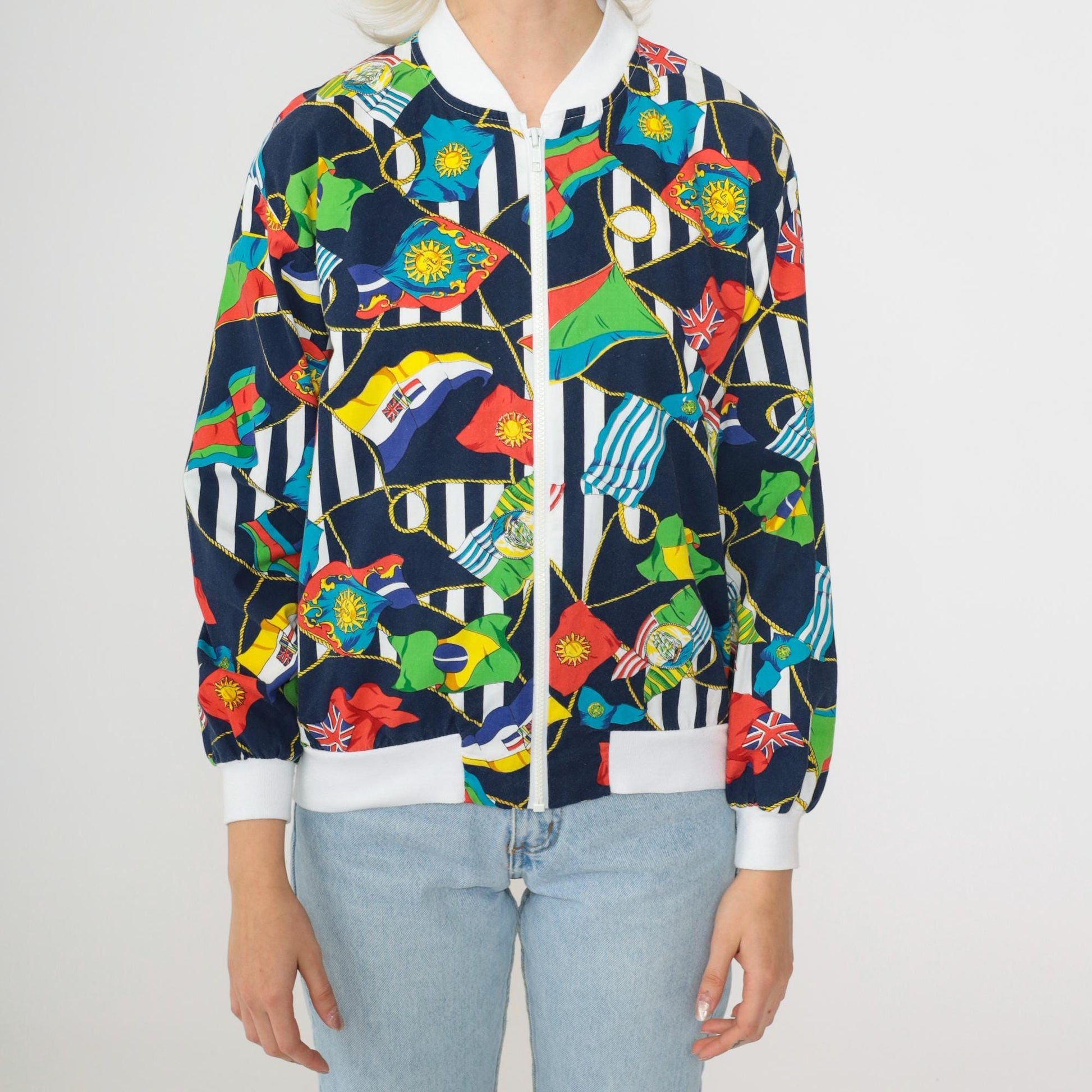 90s Nautical Windbreaker Jacket World Flags Print Navy Blue Medium