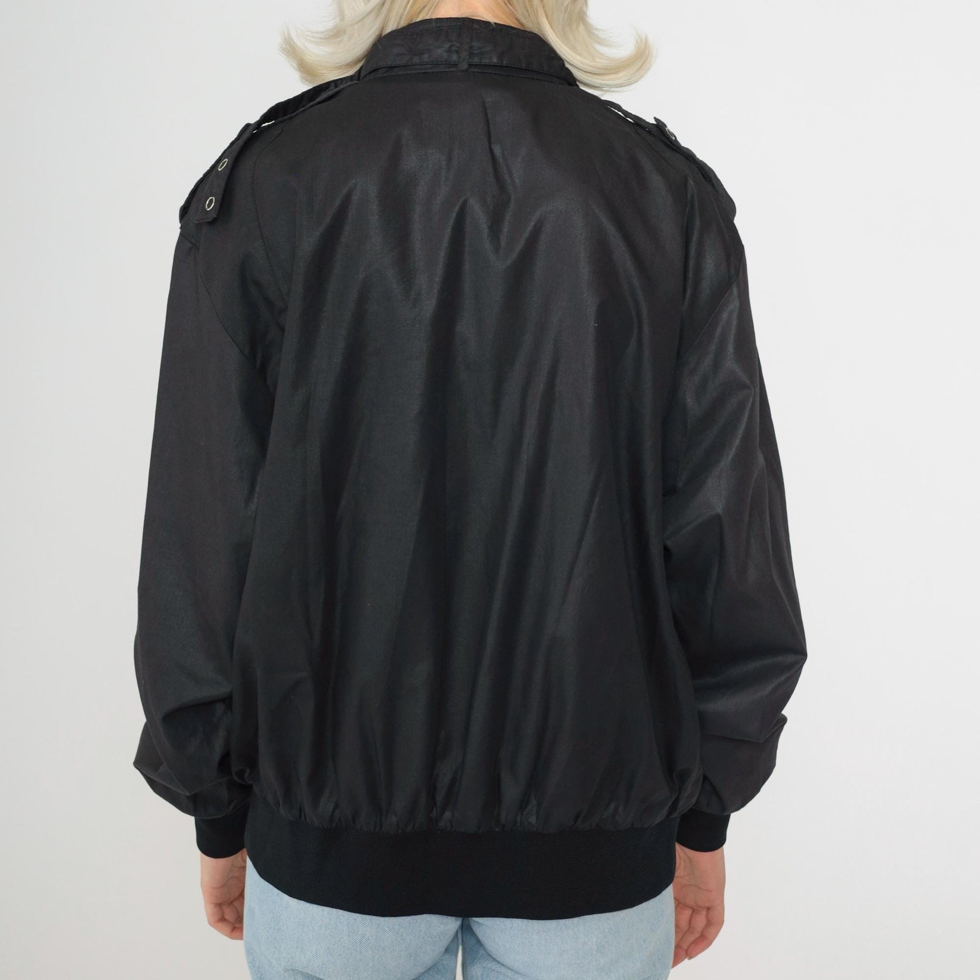 80s Aventura Black Shiny Bomber Jacket Zip Windbreaker Large L