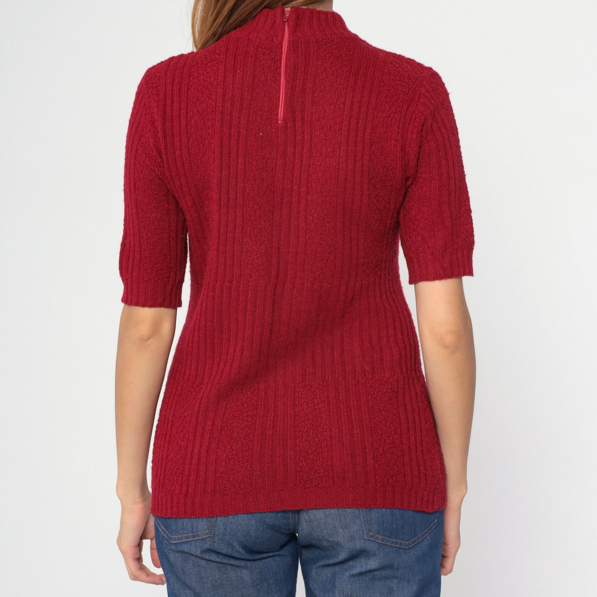 70s Burgundy Ribbed Knit Mock Neck Sweater Short Sleeve Small