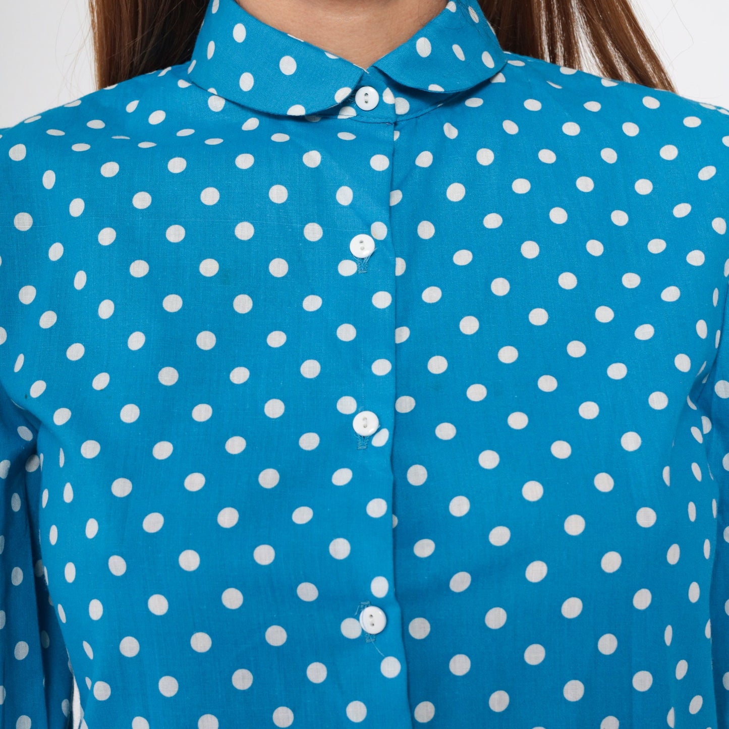 80s Bright Blue Polka Dot Puff Sleeve Button Up Blouse Small S