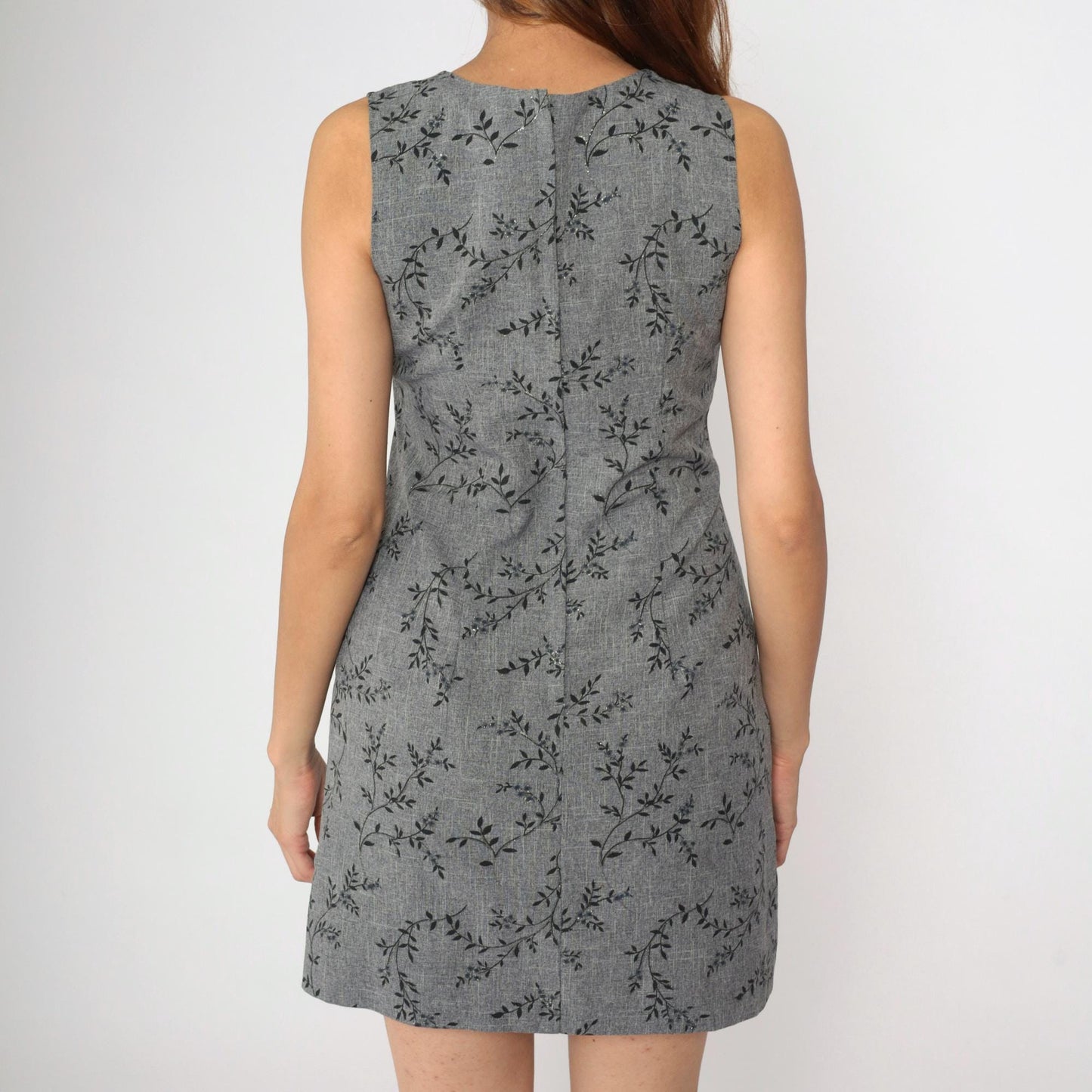 90s Grey Floral Glitter Mini Sheath Dress Sleeveless Round Neck Medium