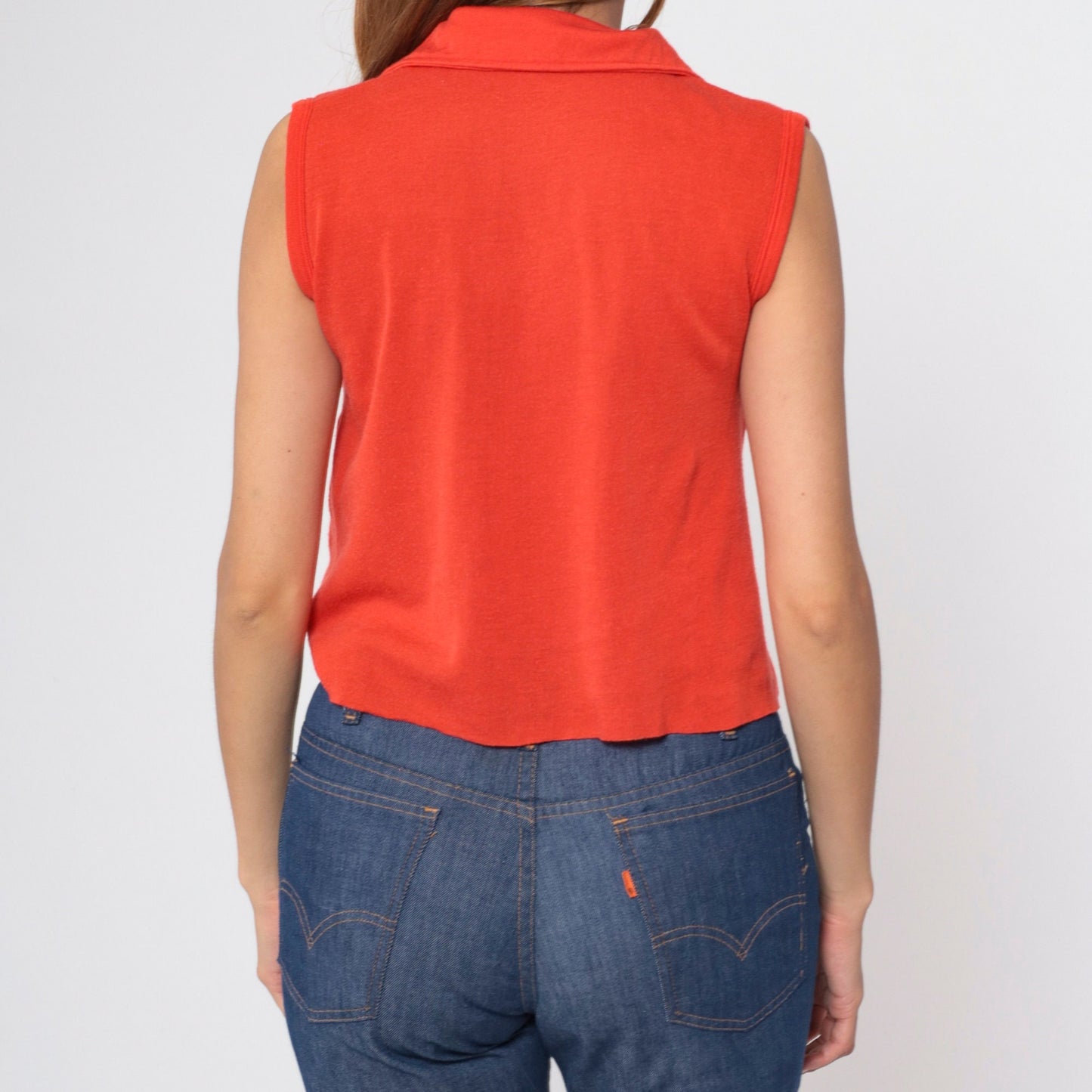 70s Crop Top Bright Red V-Neck Collared Sleeveless Shirt Small