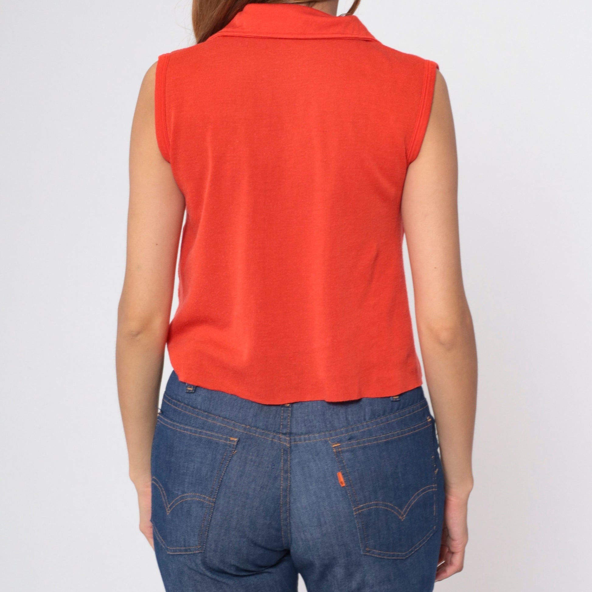 70s Crop Top Bright Red V-Neck Collared Sleeveless Shirt Small