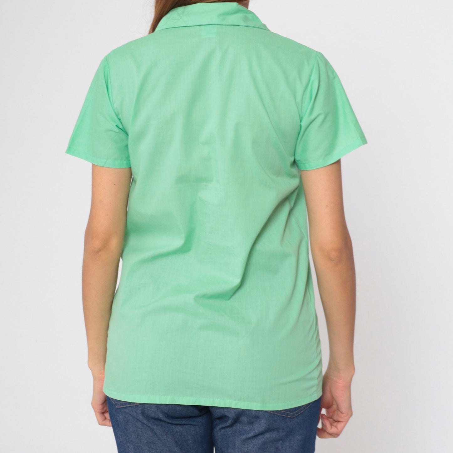 70s Mint Green Button Up Shirt Short Sleeve Sears Blouse Extra Small