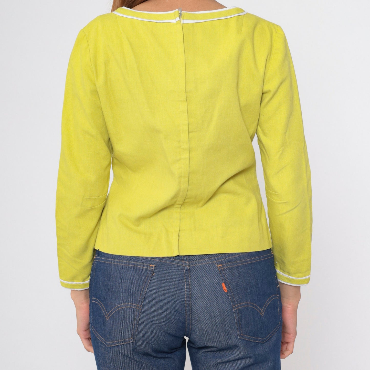 60s Young Edwardian Chartreuse Blouse Long Sleeve V-Neck Zipper Back Medium