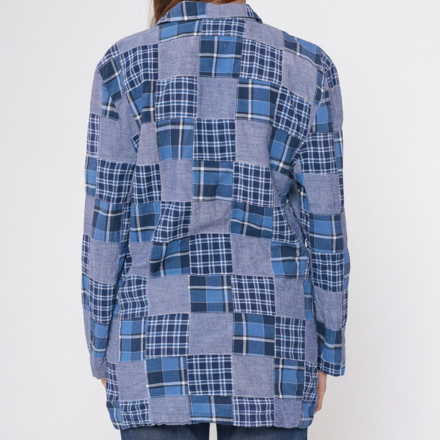 80s Clio Patchwork Plaid Blazer Blue Chambray V-Neck Button-Up Small