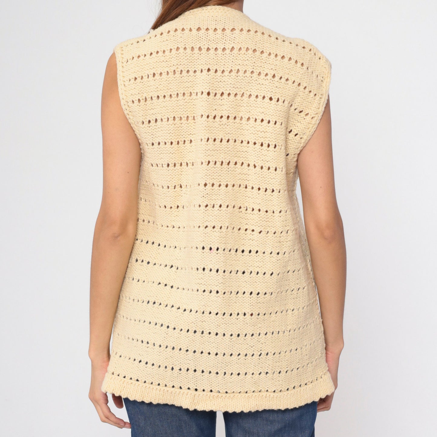 70s Cream Knit Vest Sleeveless V-Neck Sweater Tank Medium