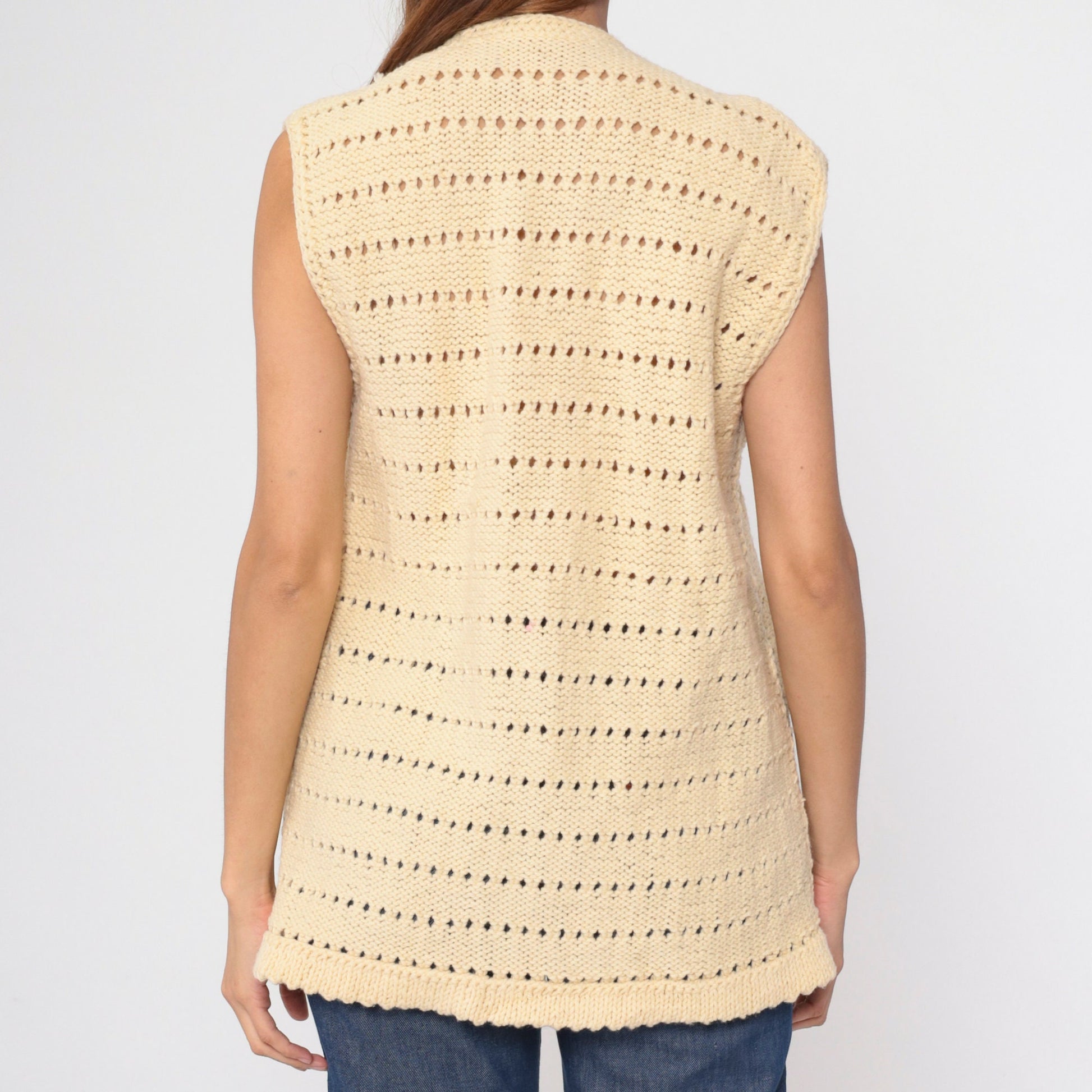 70s Cream Knit Vest Sleeveless V-Neck Sweater Tank Medium