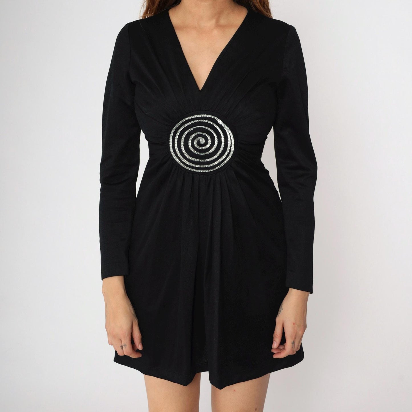 70s Black Sequin Babydoll Mini Dress Empire Waist V Neck Long Sleeve Small