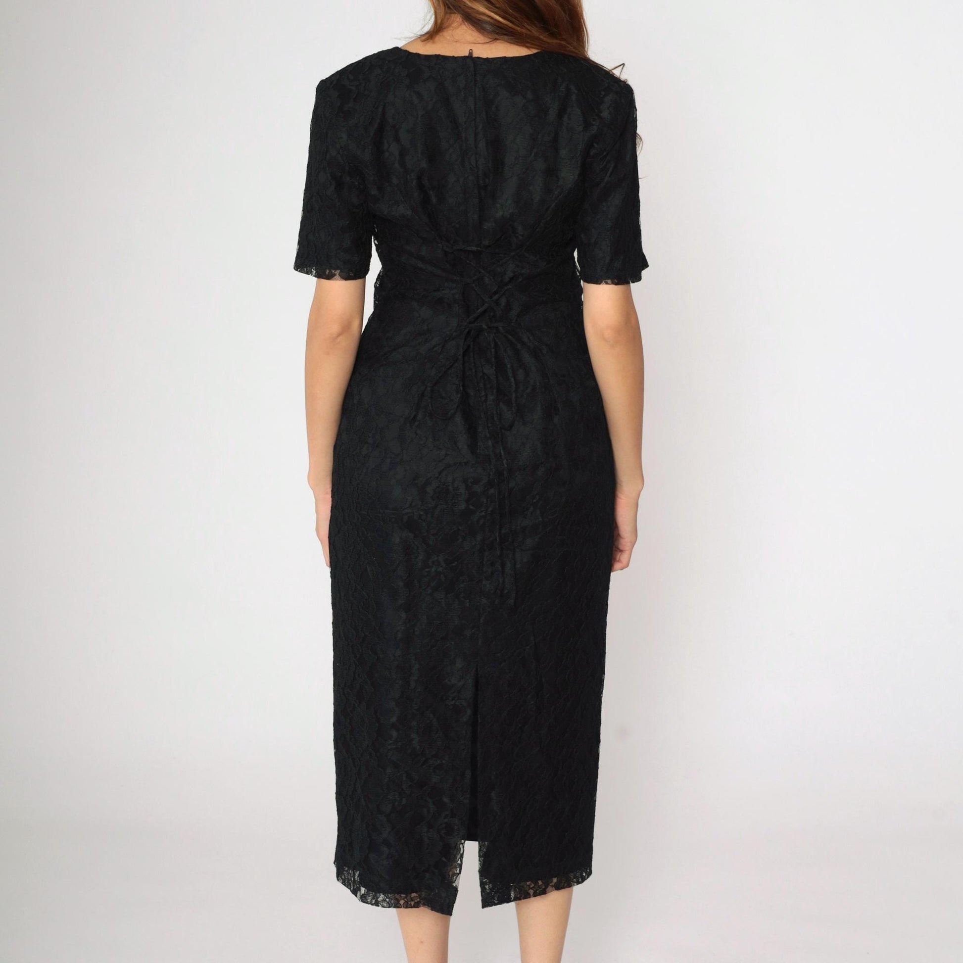 90s Black Lace Midi Dress Sheath Corset Lace-Up Back Short Sleeve Medium