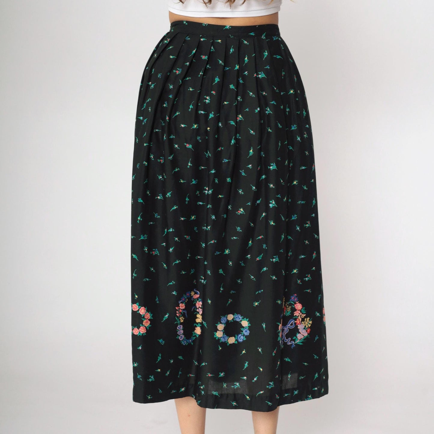 90s The Eagle's Eye Floral Midi Skirt Black Botanical Rayon Small