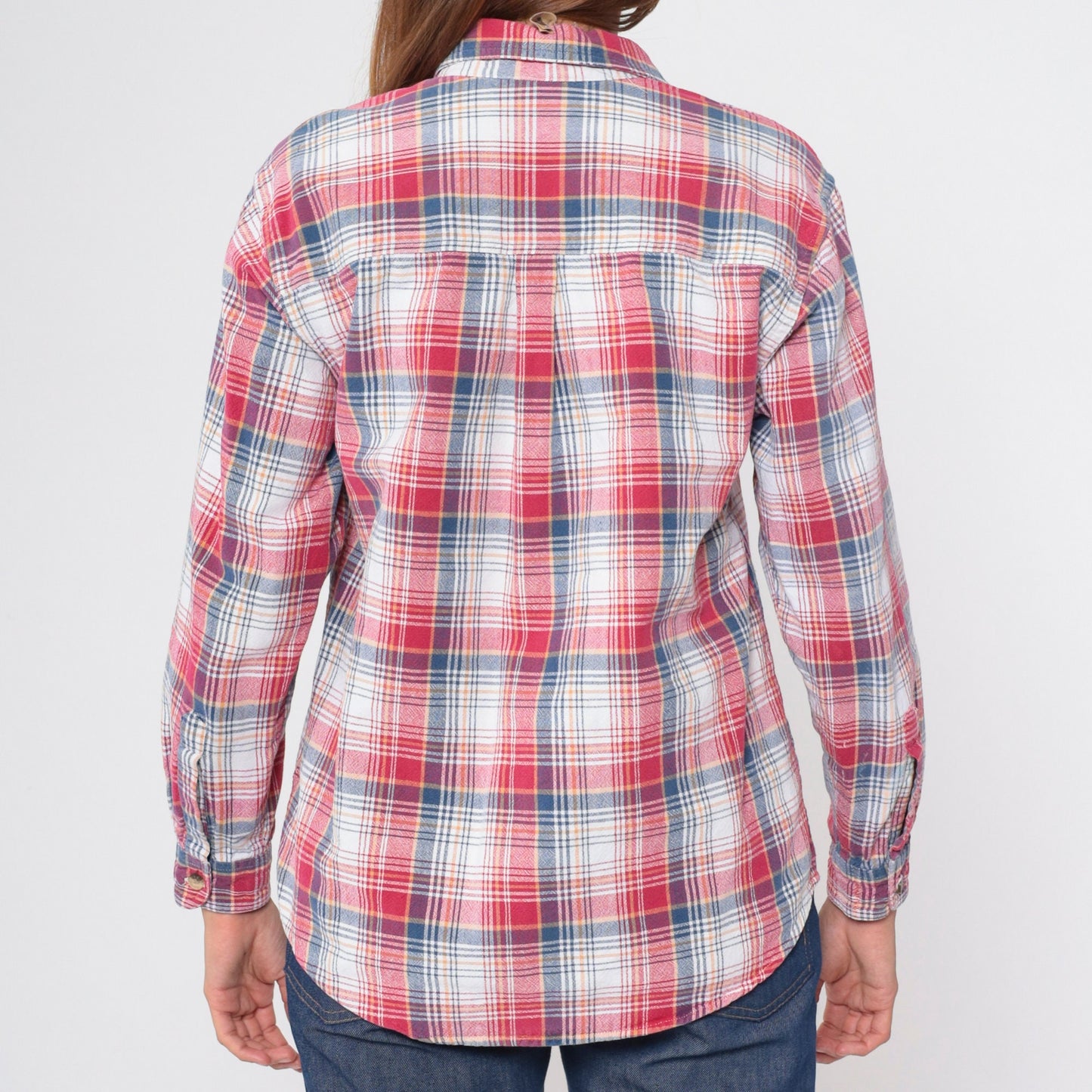 90s Plaid Button Up Shirt Red White Blue Checkered Long Sleeve Medium