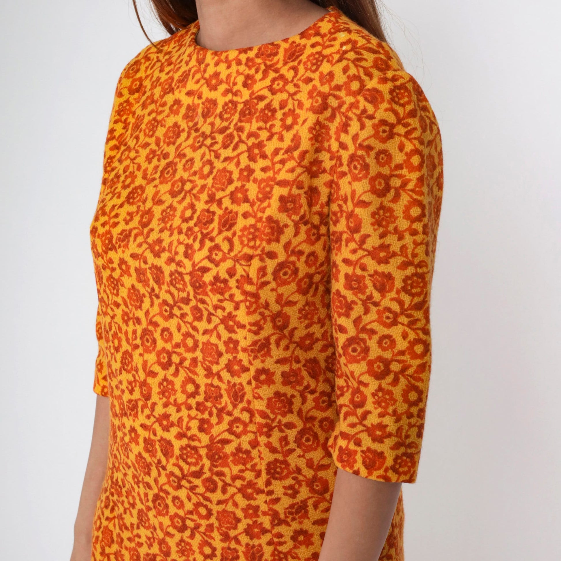 60s Floral Wool Shift Dress Yellow Orange Mod 3/4 Sleeve Small