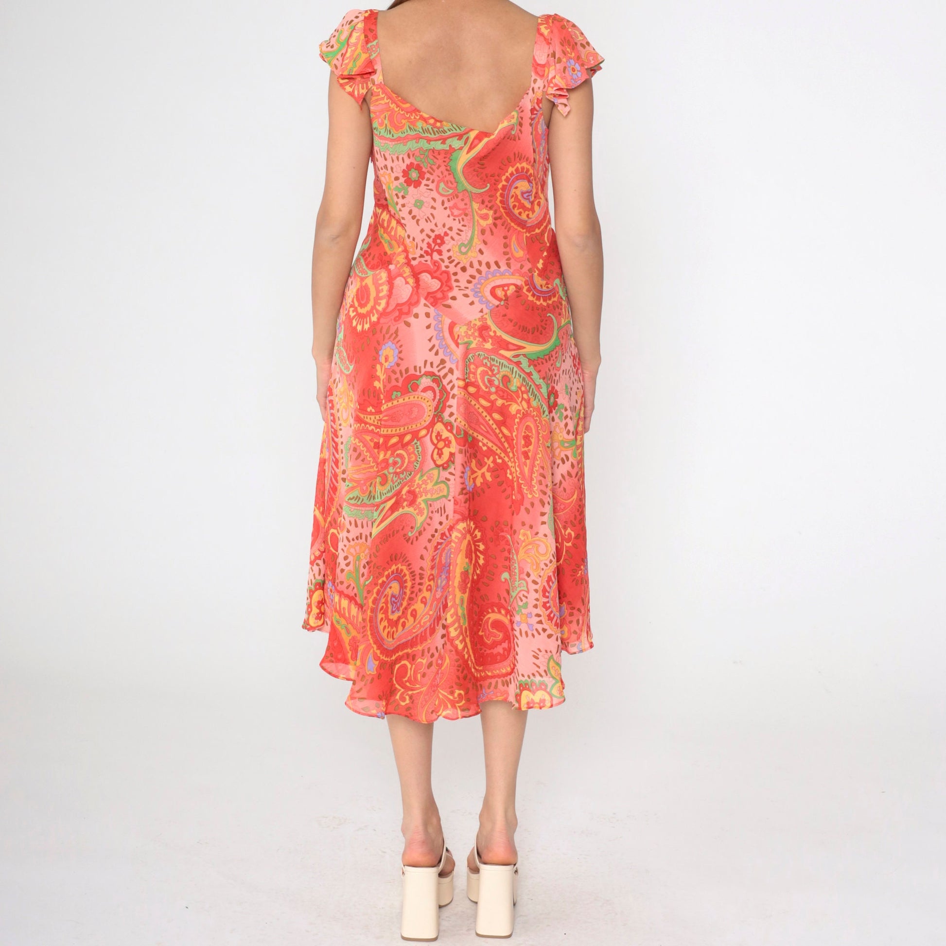 Y2K Paisley Midi Dress Coral Pink Flutter Sleeve Cowl Neck Large 14