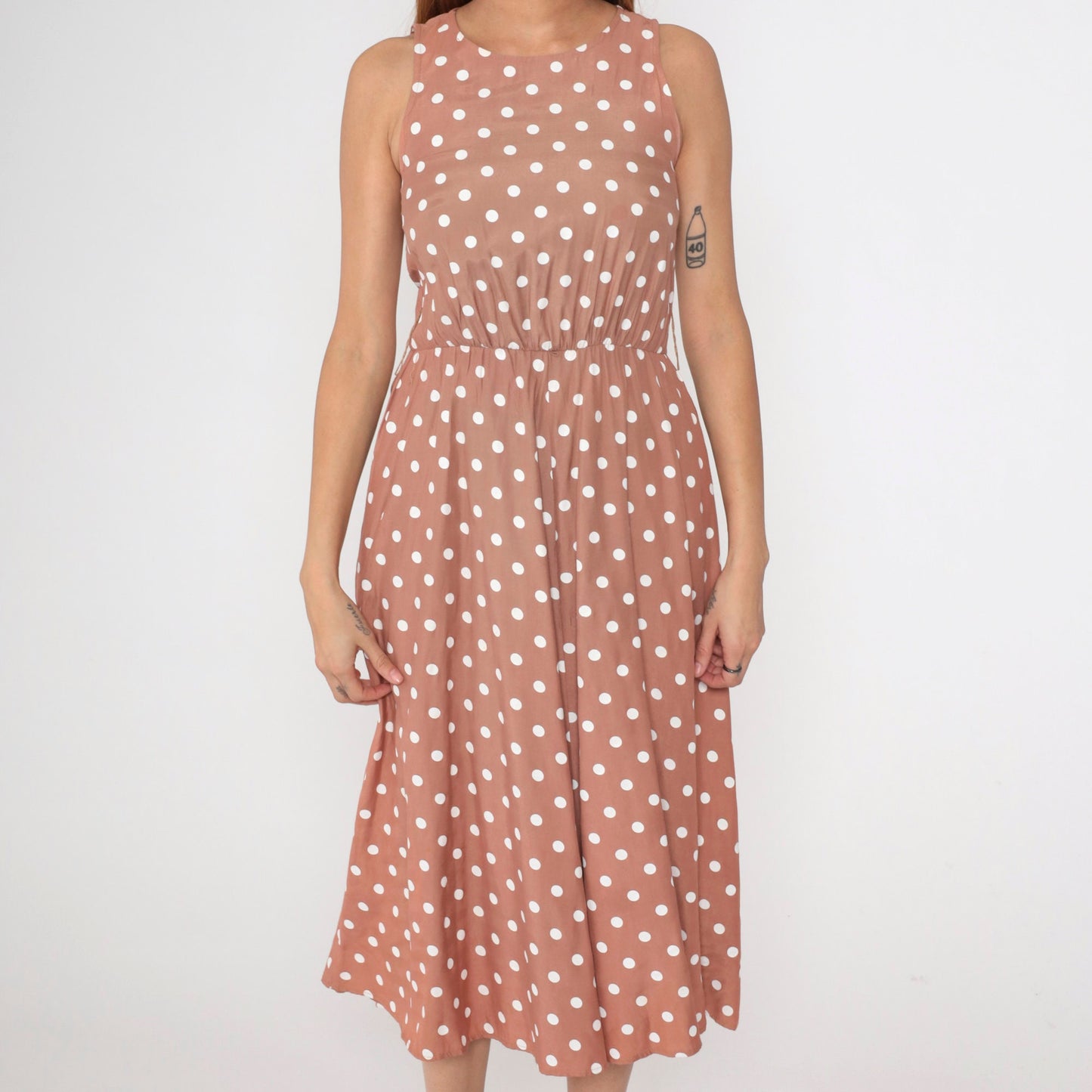 80s My Michelle Mocha Polka Dot Midi Sundress High Waist Sleeveless Extra Small