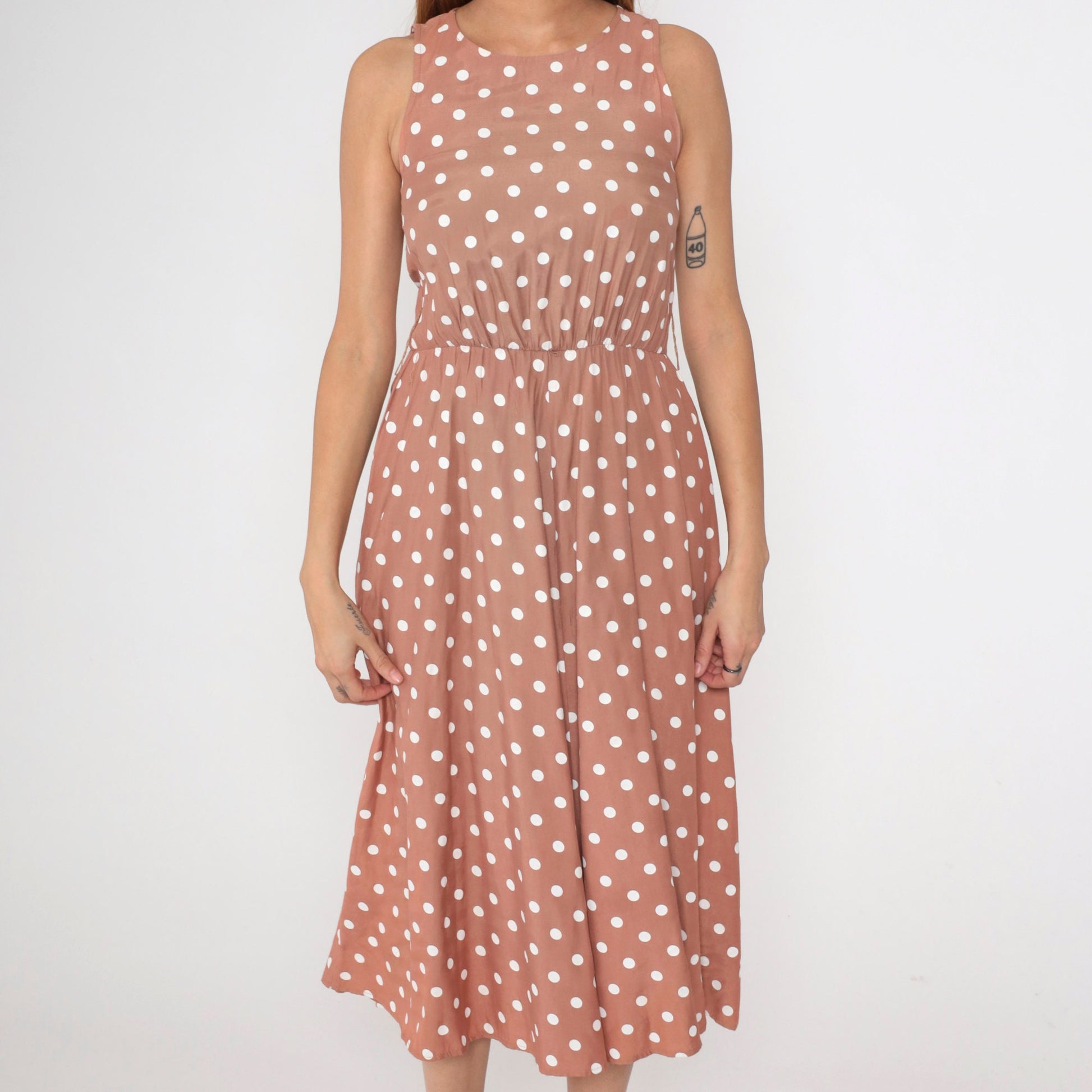 80s My Michelle Mocha Polka Dot Midi Sundress High Waist Sleeveless Extra Small