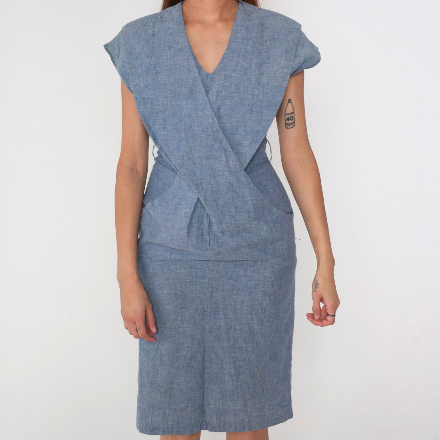 80s Blue Criss-Cross Wrap Midi Dress V-Neck Short Sleeve Small S