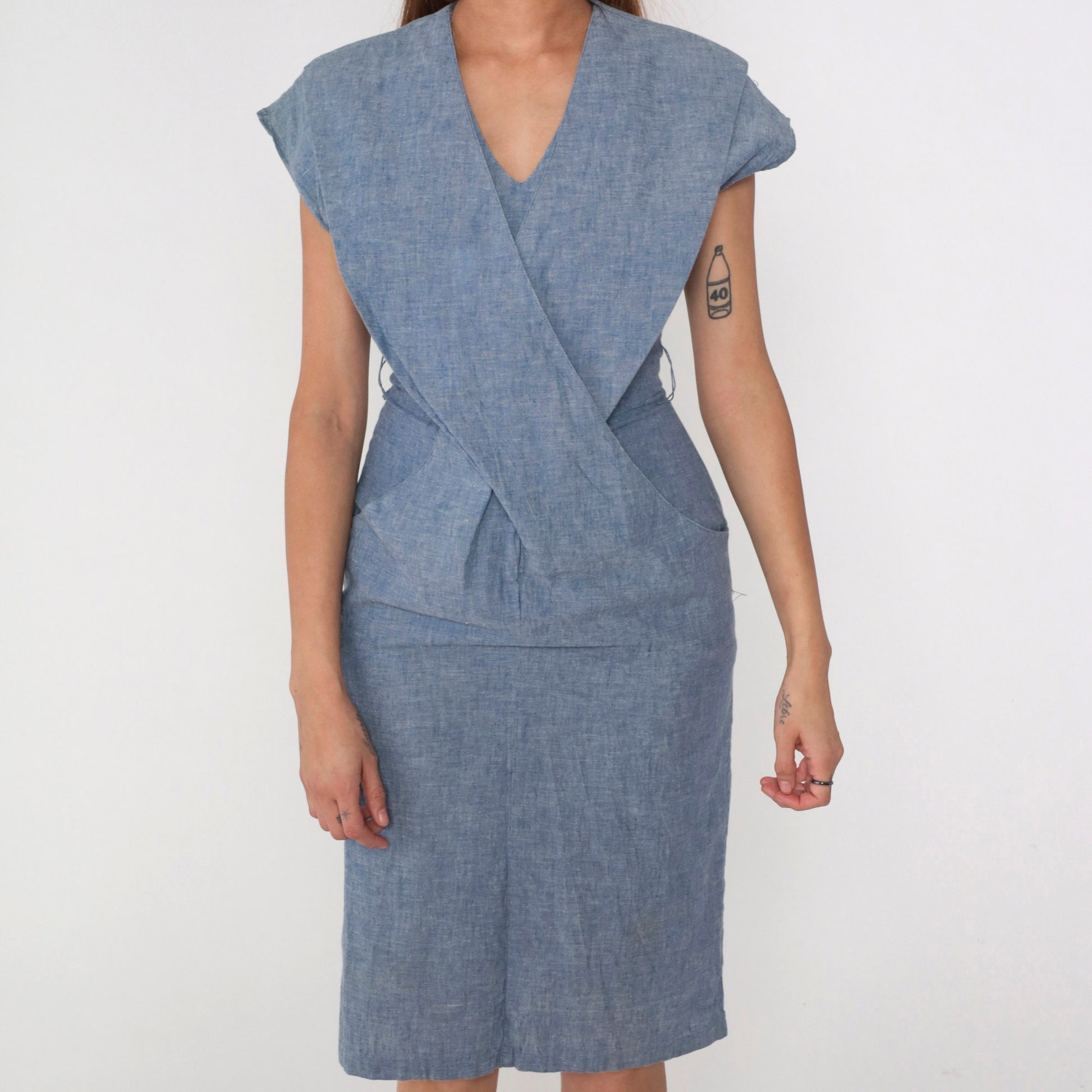 80s Blue Criss-Cross Wrap Midi Dress V-Neck Short Sleeve Small S