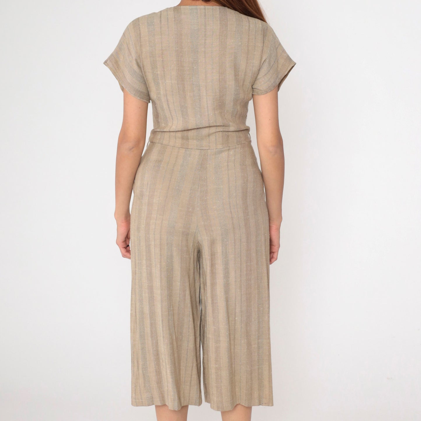 80s Pantasia Taupe Striped Wrap Jumpsuit Wide Leg V-Neck Small