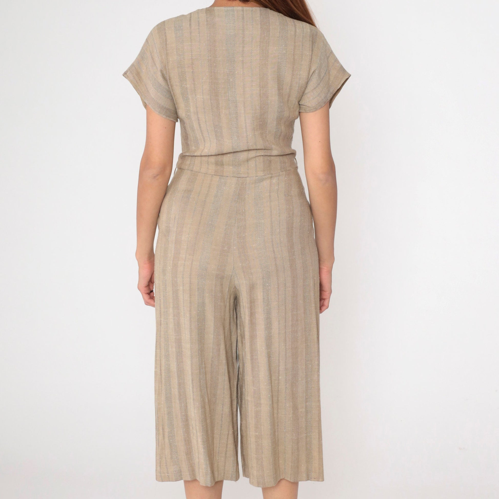 80s Pantasia Taupe Striped Wrap Jumpsuit Wide Leg V-Neck Small