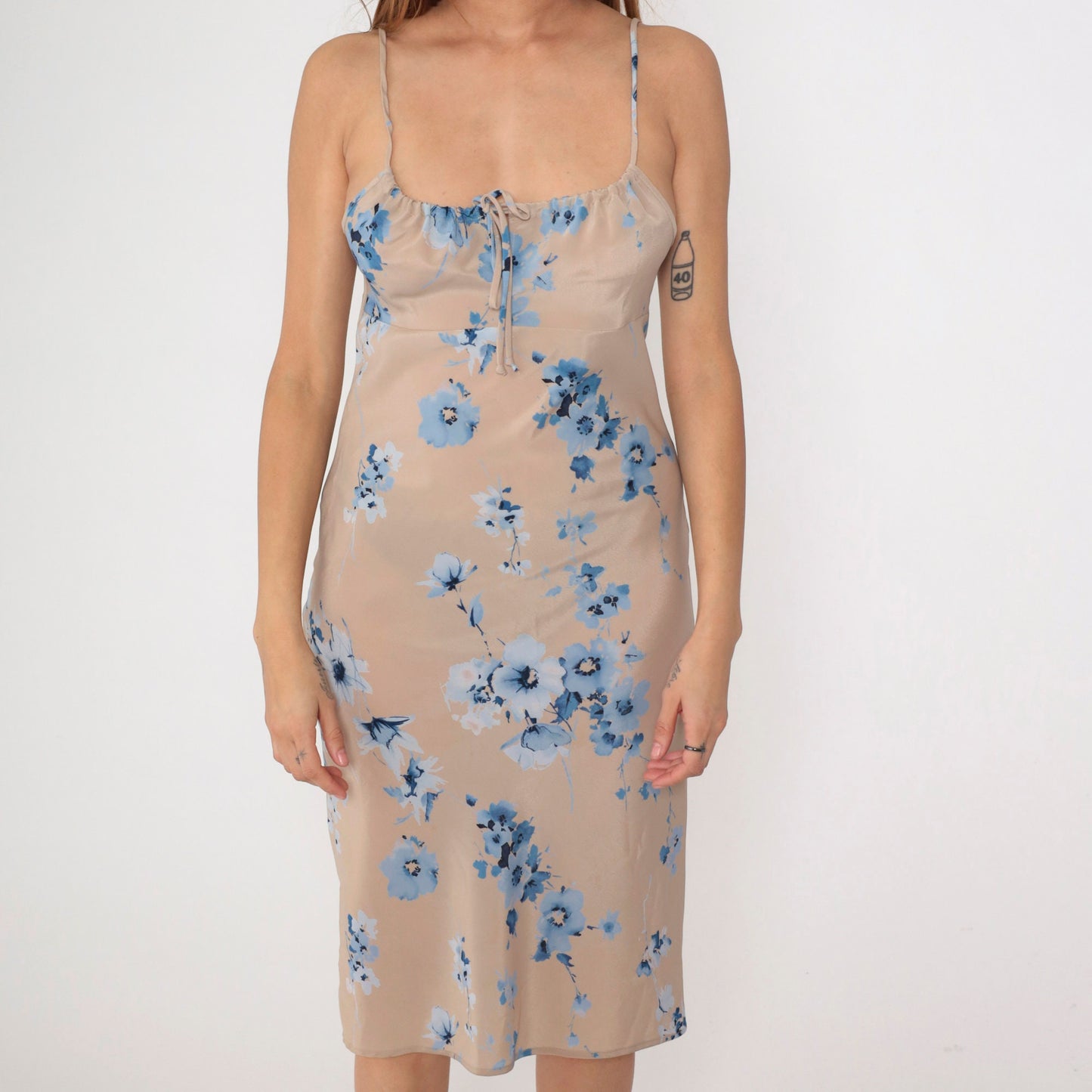 Y2K Charlotte Russe Floral Midi Sundress Taupe Blue Empire Waist Small