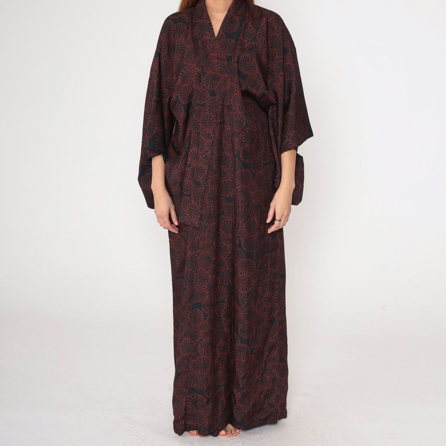 60s Black Kimono Robe Red Floral Print Full Length Maxi Large L