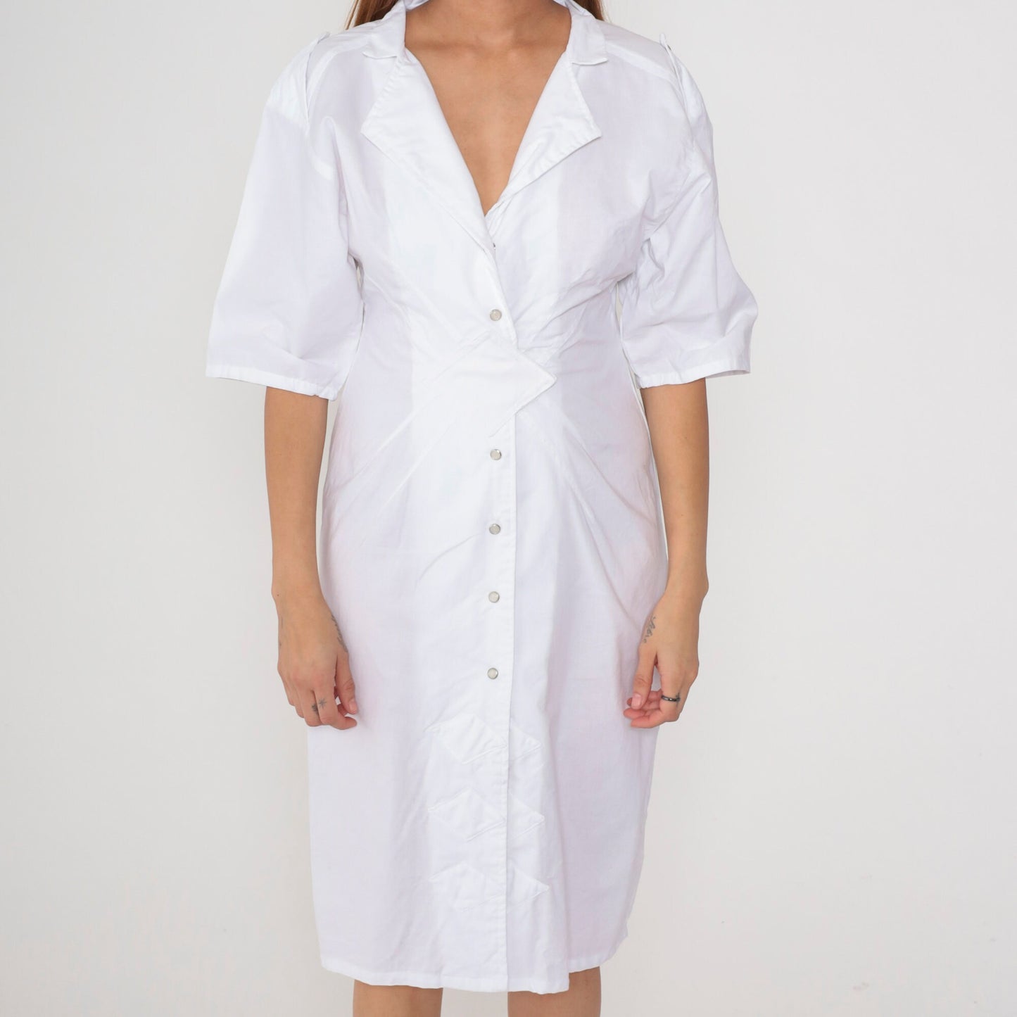 80s White Cotton Midi Dress Notched Collar Pearl Snap Diamond Inset Small