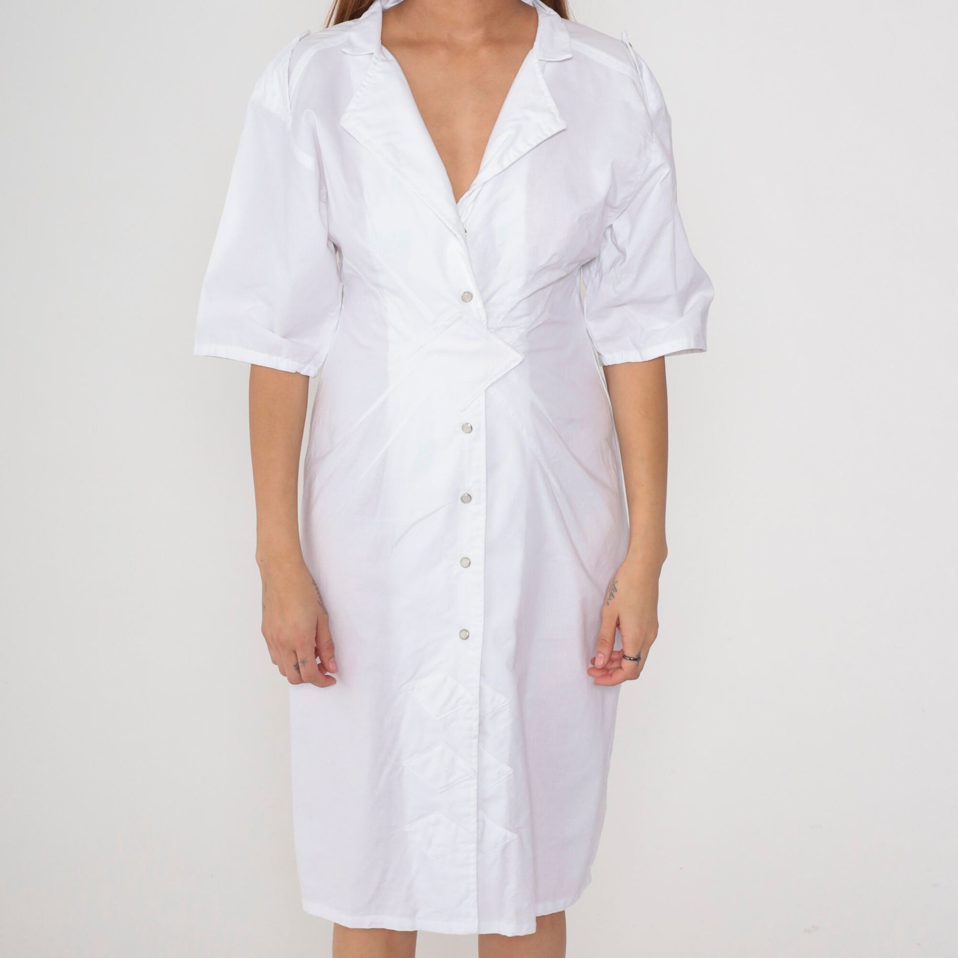 80s White Cotton Midi Dress Notched Collar Pearl Snap Diamond Inset Small