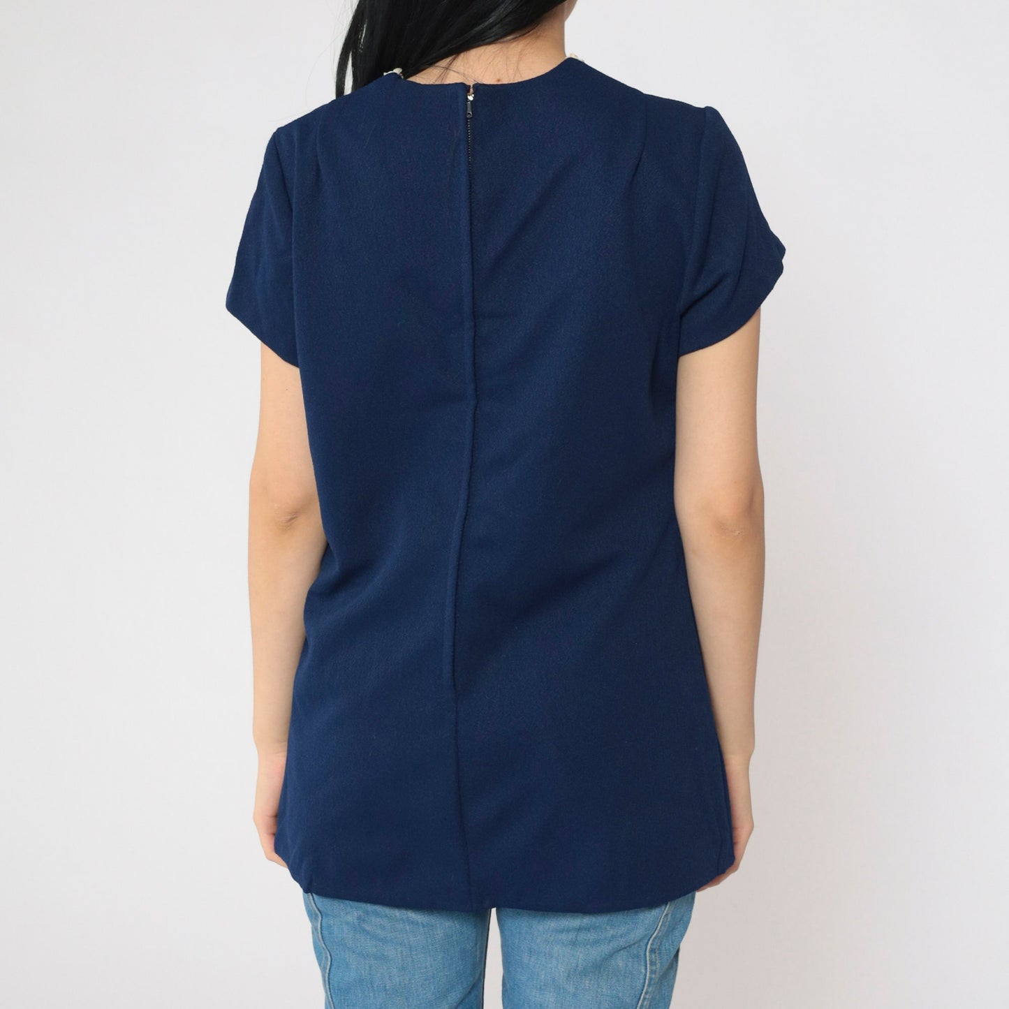 60s Navy Tunic Top Scalloped Lace Trim Mod Dot Print Short Sleeve Medium