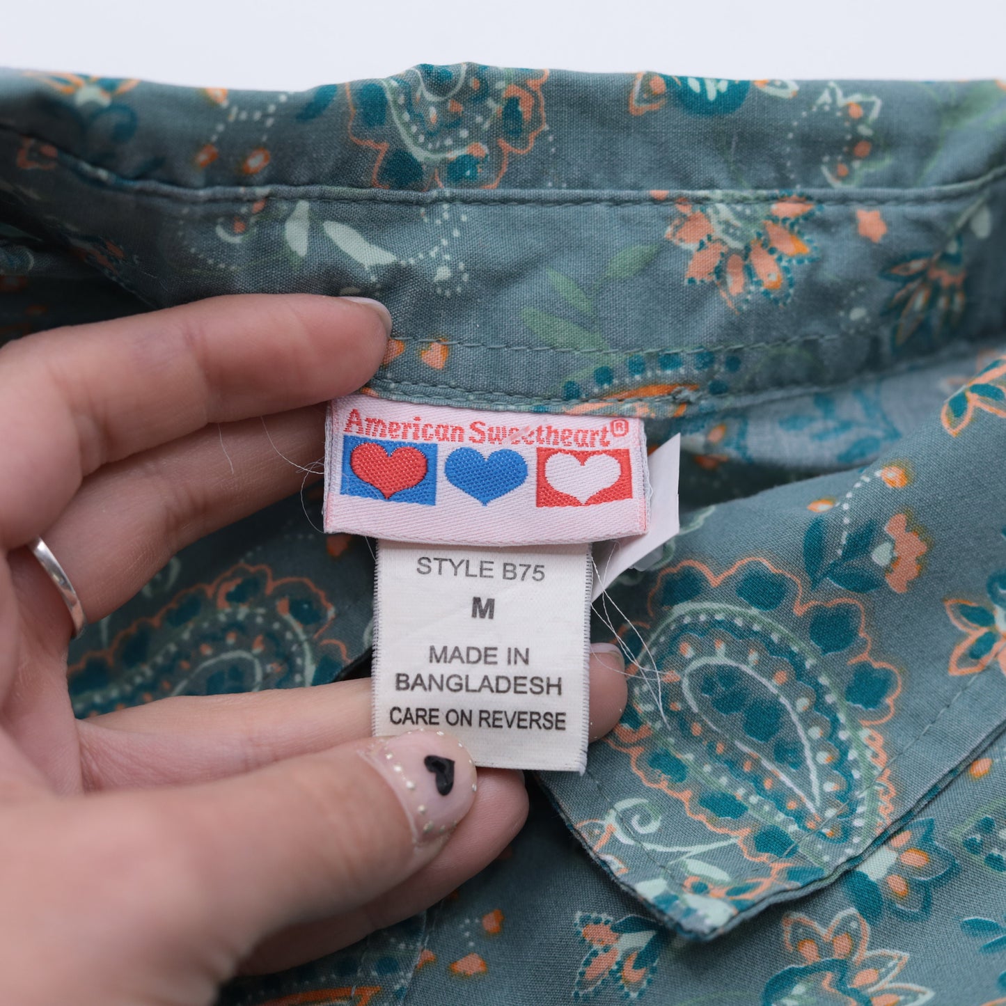 Y2K Green Orange Paisley Button-Up Blouse 3/4 Sleeve Collared Top Medium
