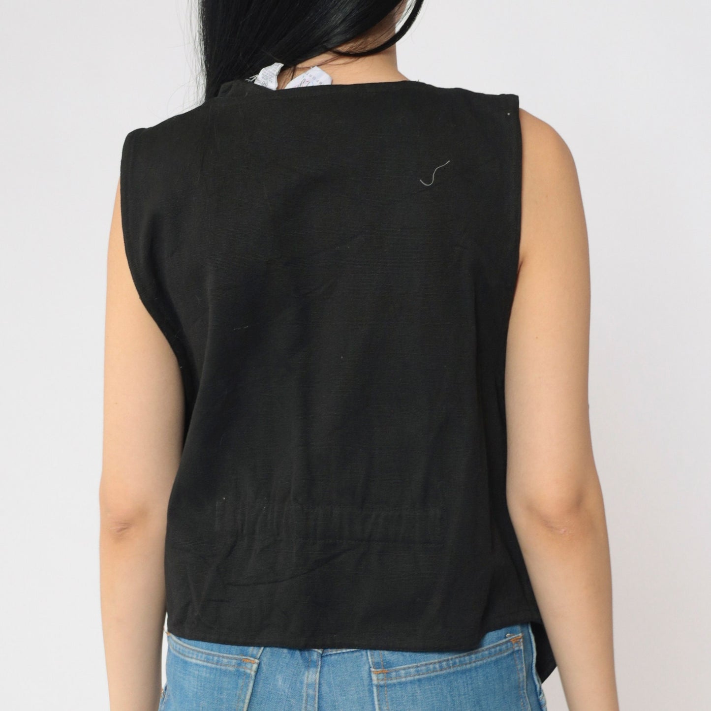 90s Southwestern Tapestry Vest Fringe Trim Black White Geometric Button Up Medium