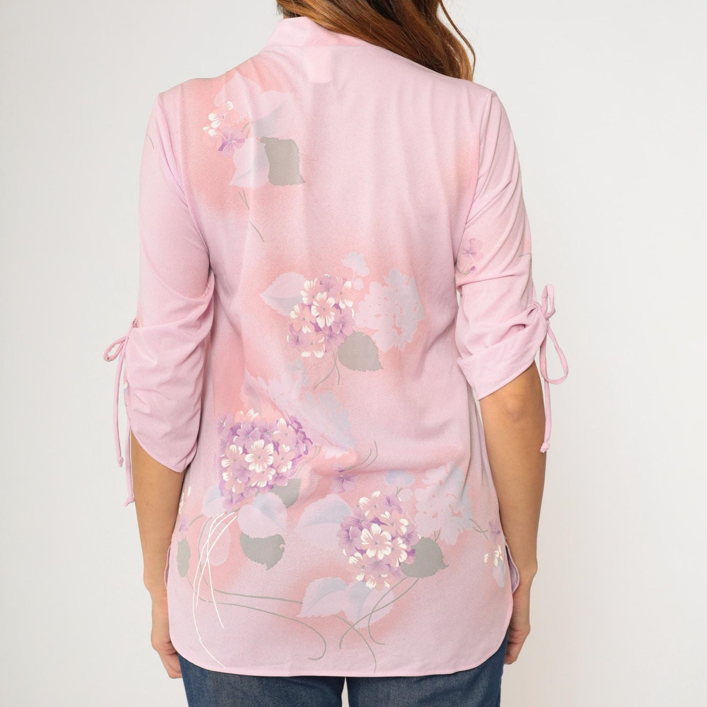 70s Lavender Pink Floral Mandarin Collar Blouse Tunic Small S