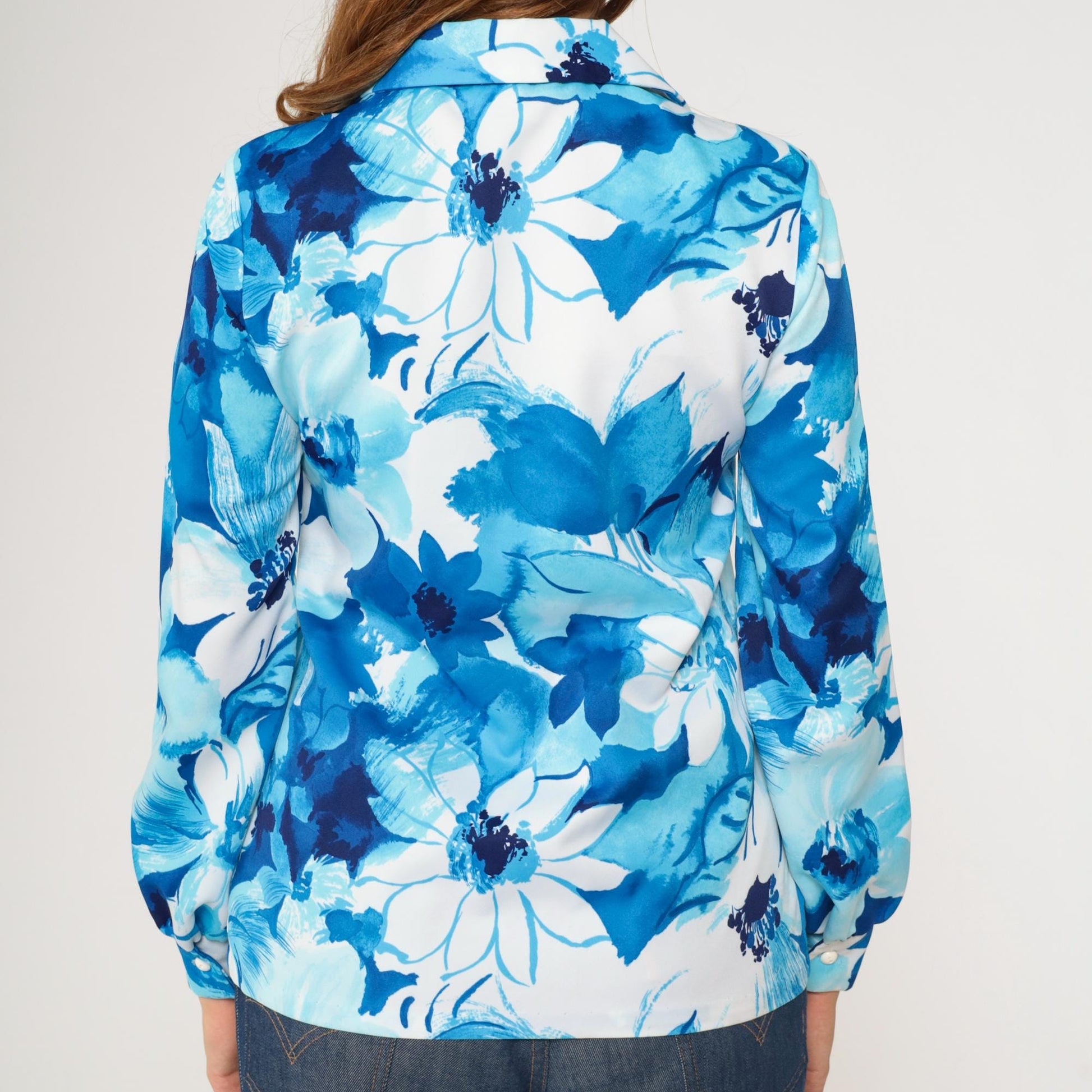 70s Kamehameha Floral Button-Up Blouse Blue White Long Sleeve Small