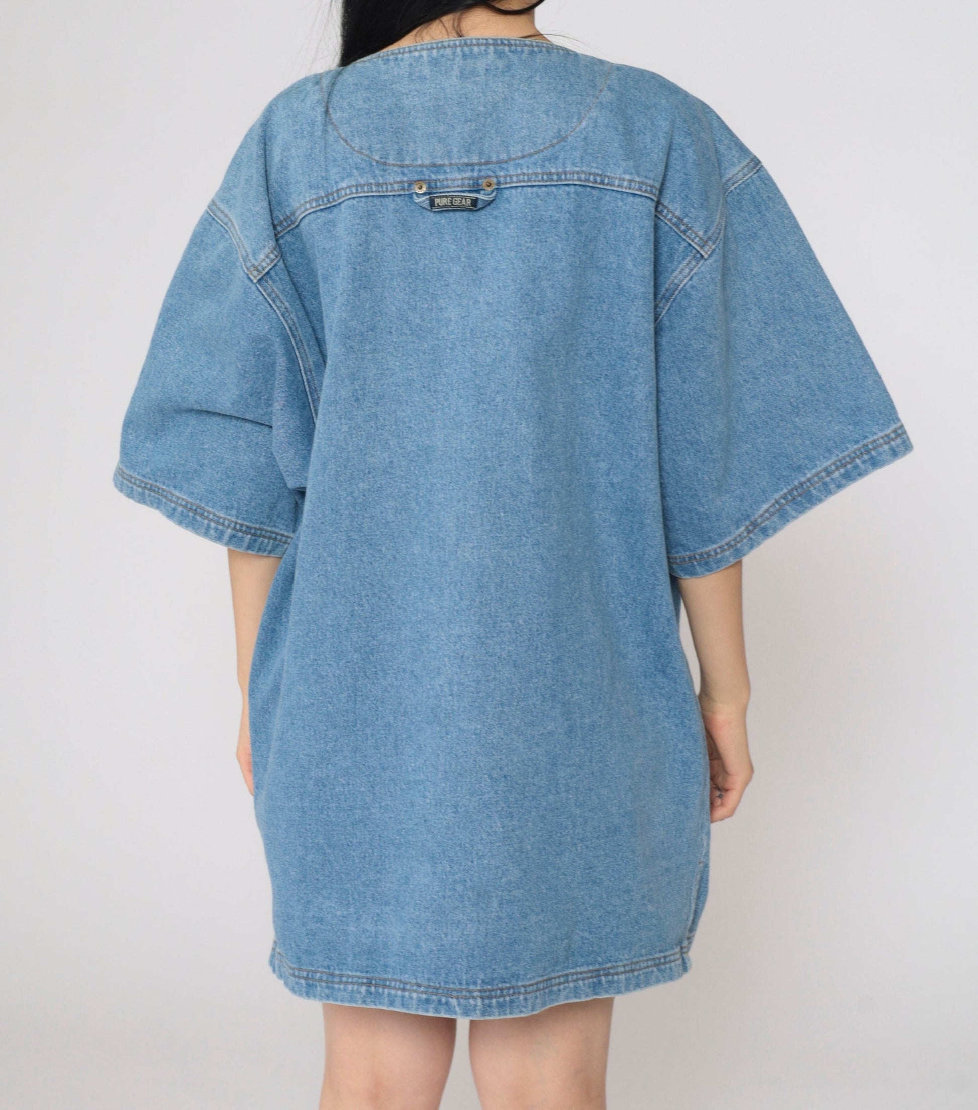90s Pure Gear Denim Mini Dress Blue Utility Pockets Short Sleeve Extra Large