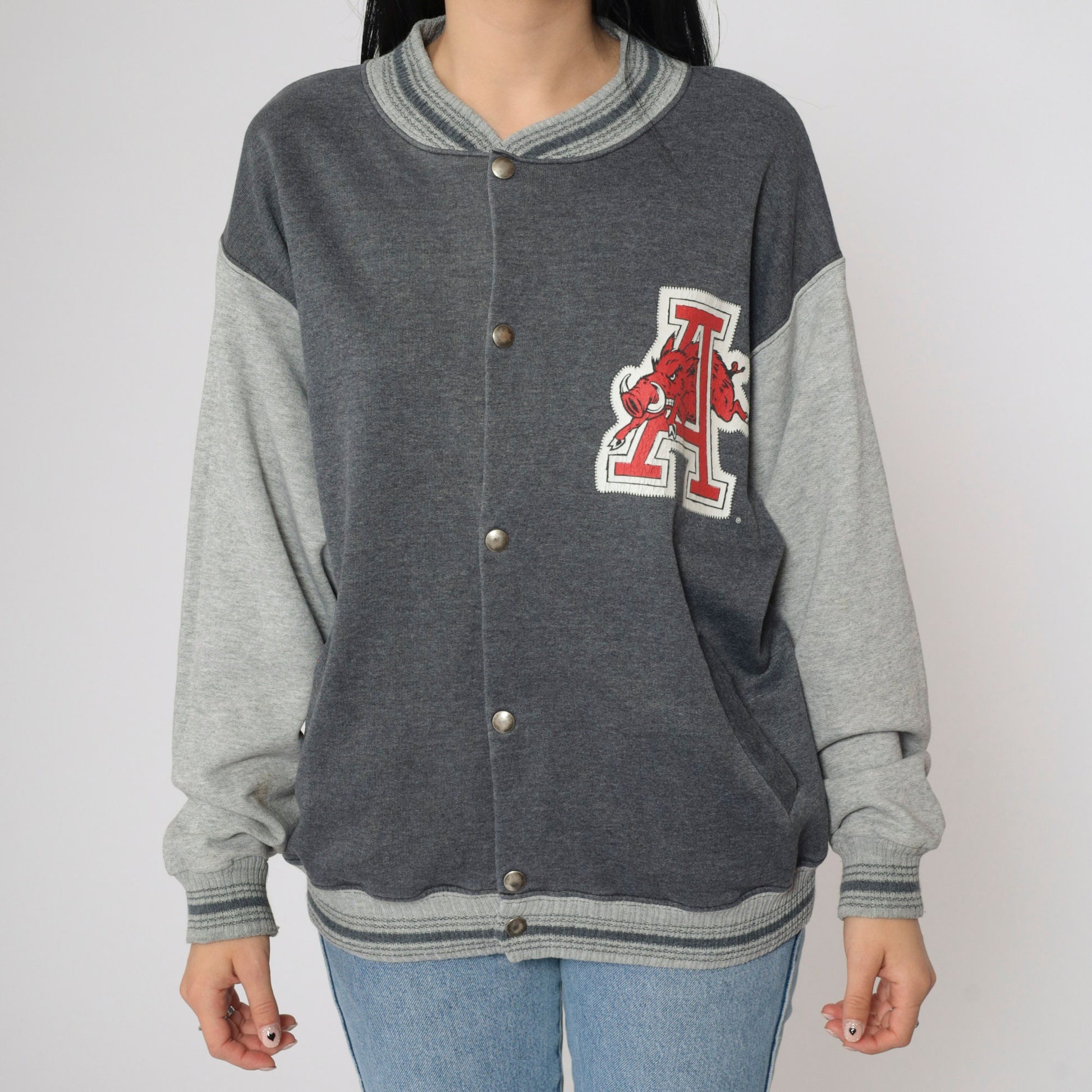90s Arkansas Razorbacks National Champs Snap Jacket Grey Colorblock Large