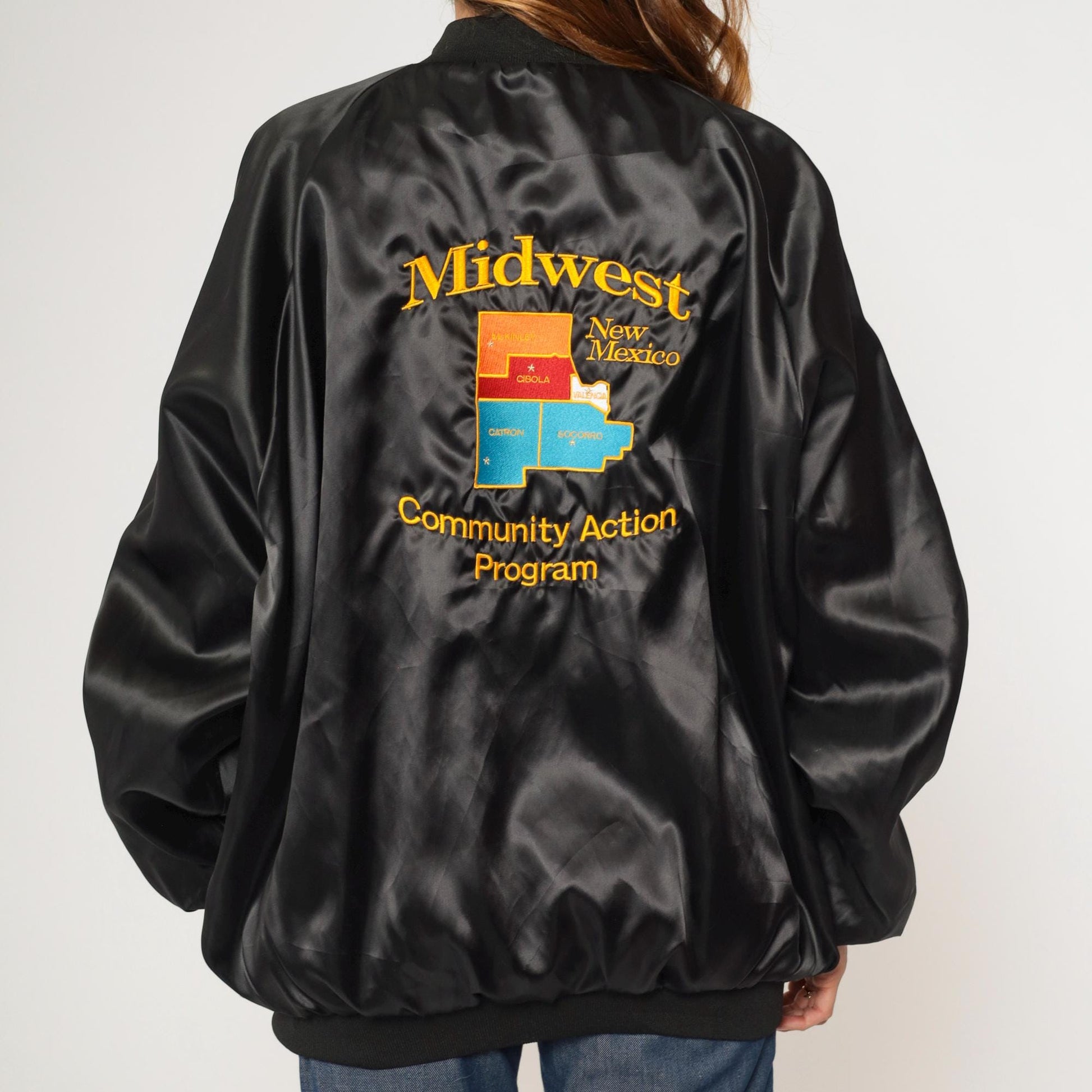 90s Midwest New Mexico Community Action Program Satin Bomber Jacket Black XXL