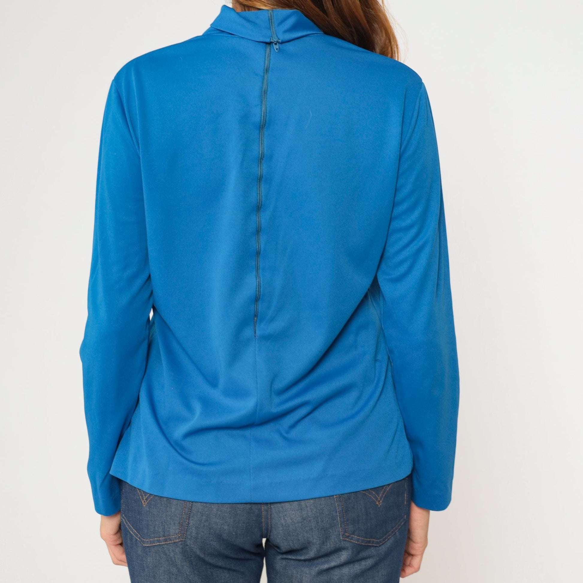 70s Bright Blue Turtleneck Long Sleeve Polyester Shirt Medium