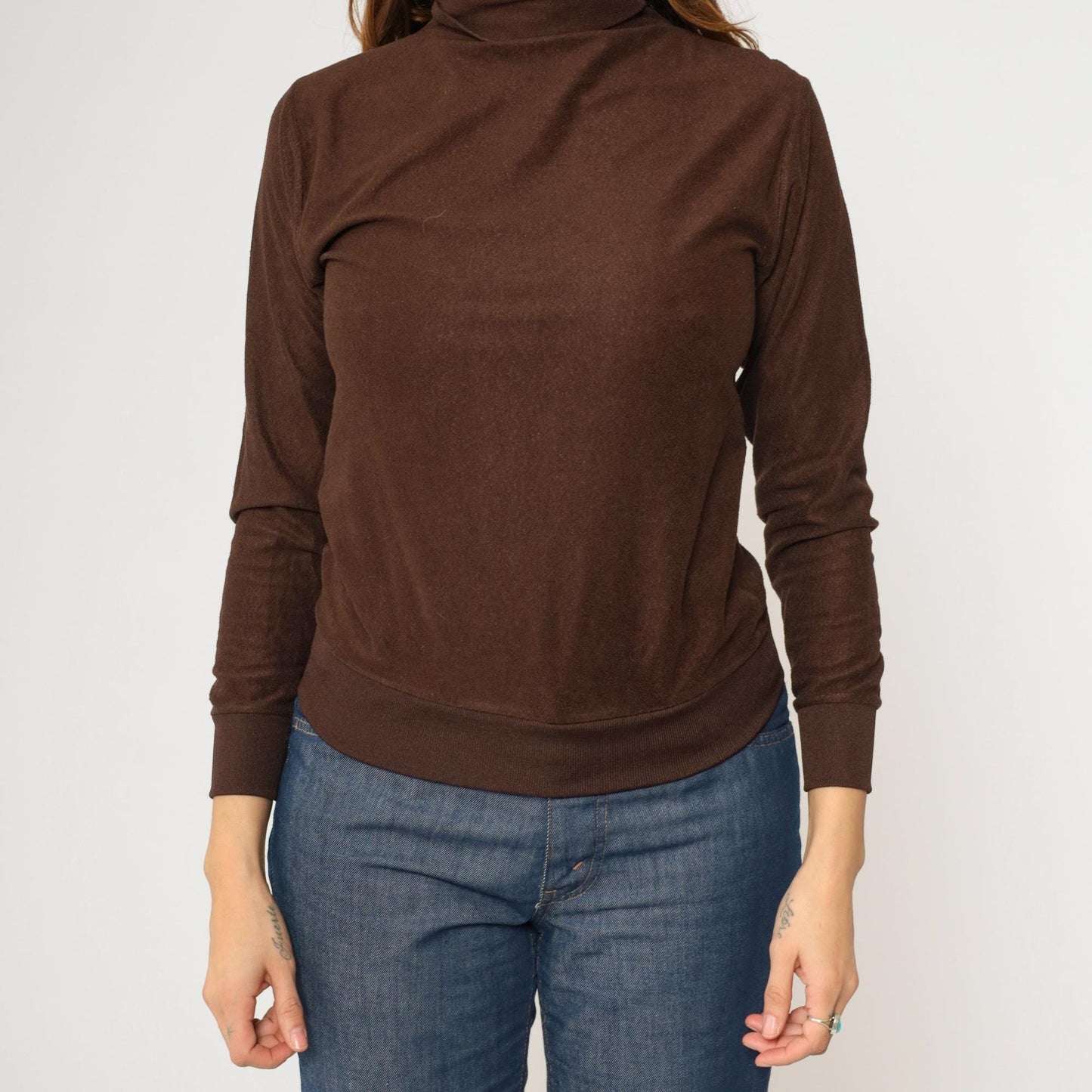 70s Brown Turtleneck Crop Top Long Sleeve Knit Shirt Extra Small XS