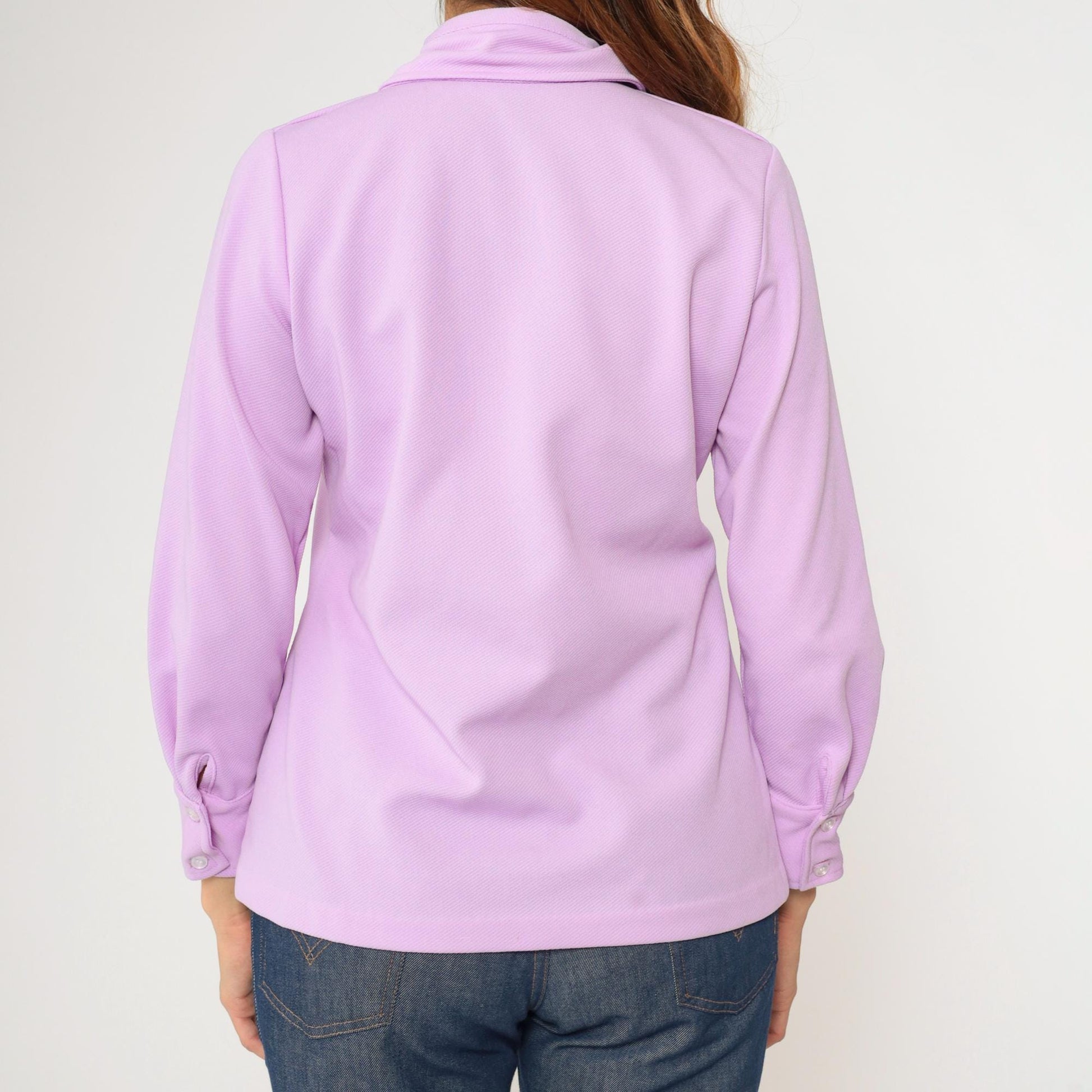 70s Lavender Button Up Blouse Dagger Collar Long Sleeve Shirt Medium